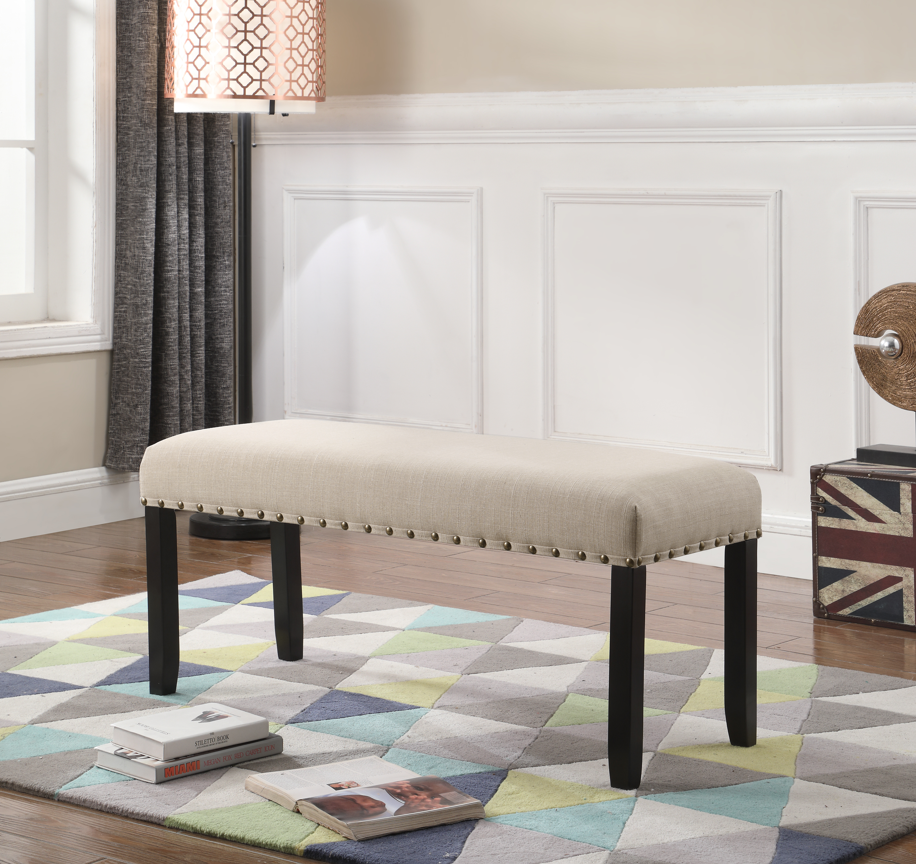 Biony Fabric Dining Bench with Nailhead Trim, Tan