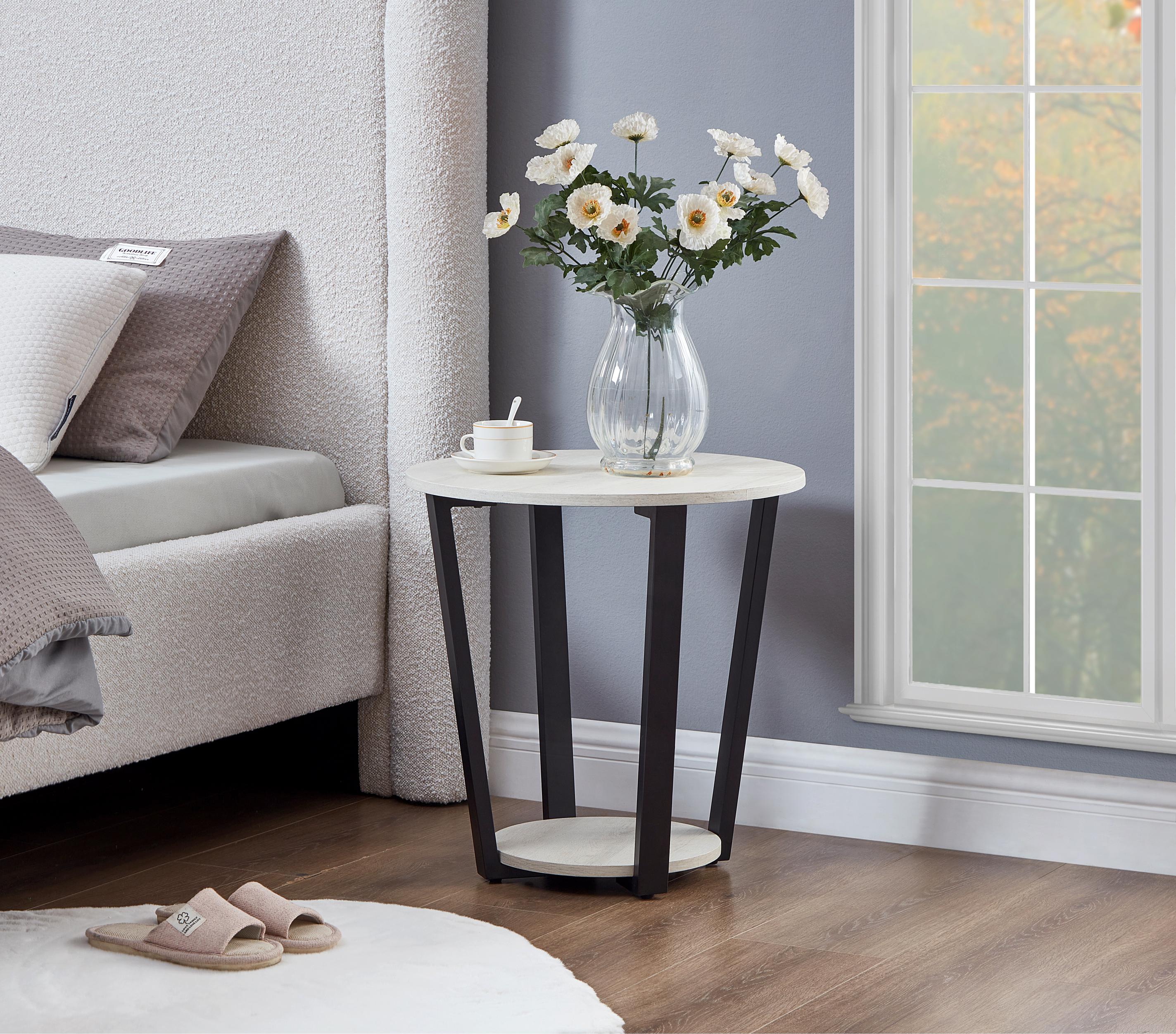 Elysian Contemporary Round End Table with Shelf, Off-White