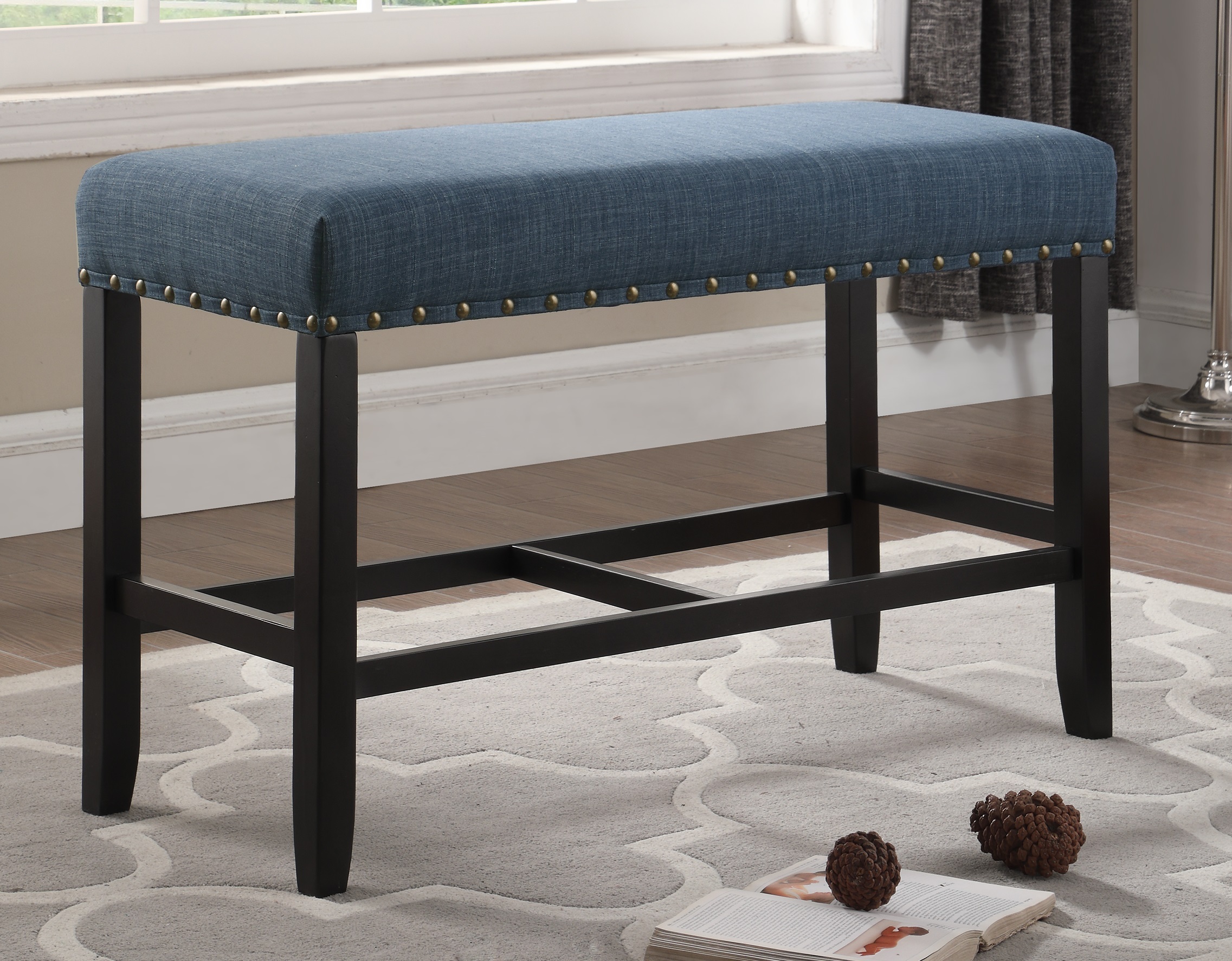 Biony Fabric Counter Height Dining Bench with Nailhead Trim, Blue