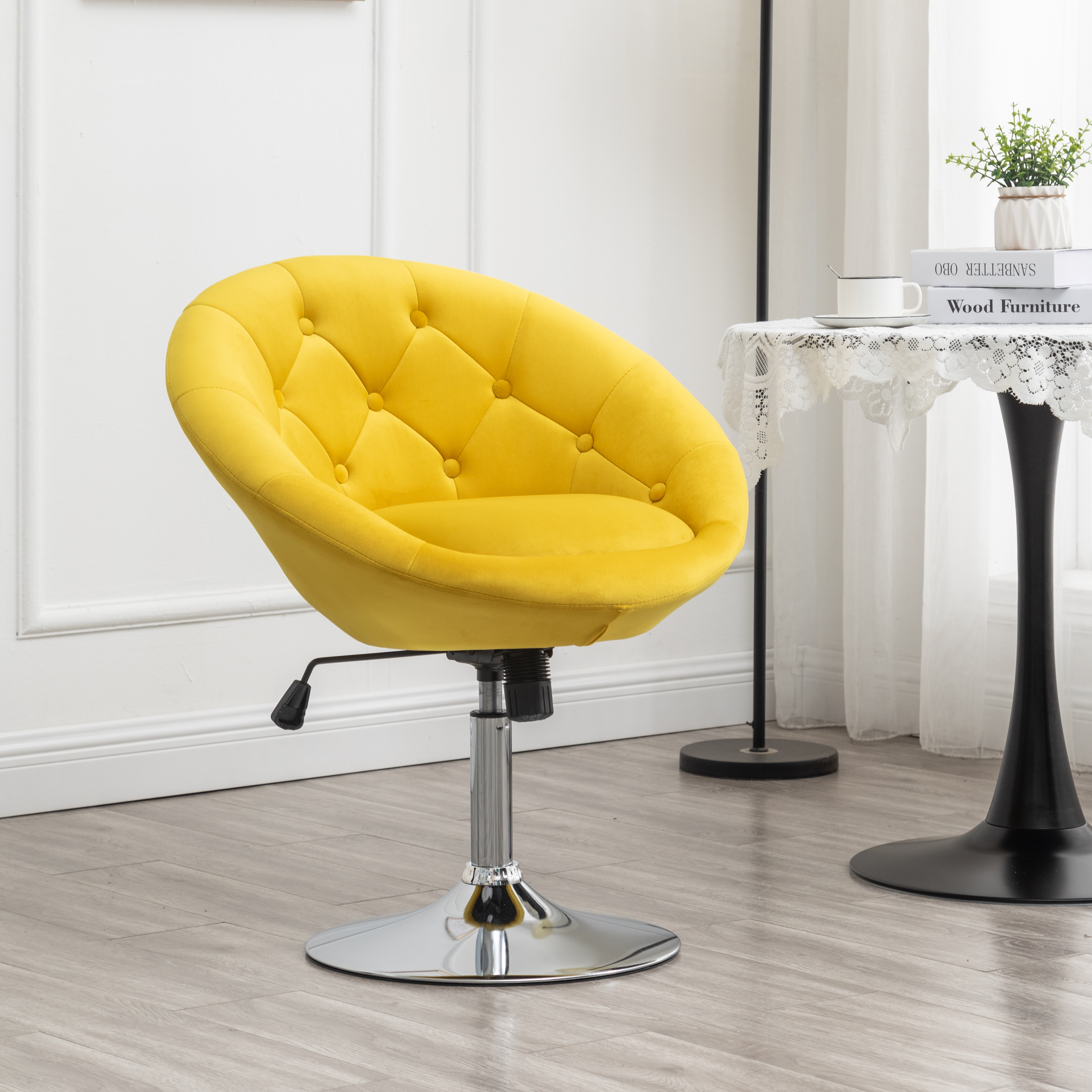 Noas Velvet Upholstered Tufted Back Swivel Accent Chair, Yellow