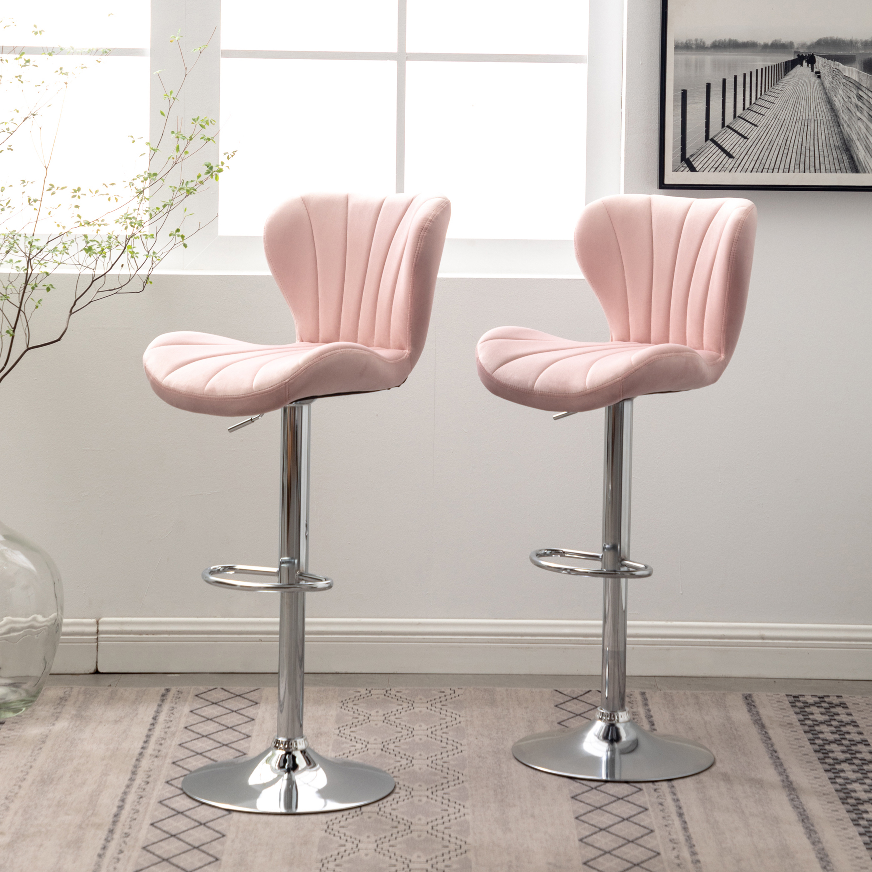 Ellston Upholstered Adjustable Swivel Barstools in Pink, Set of 2