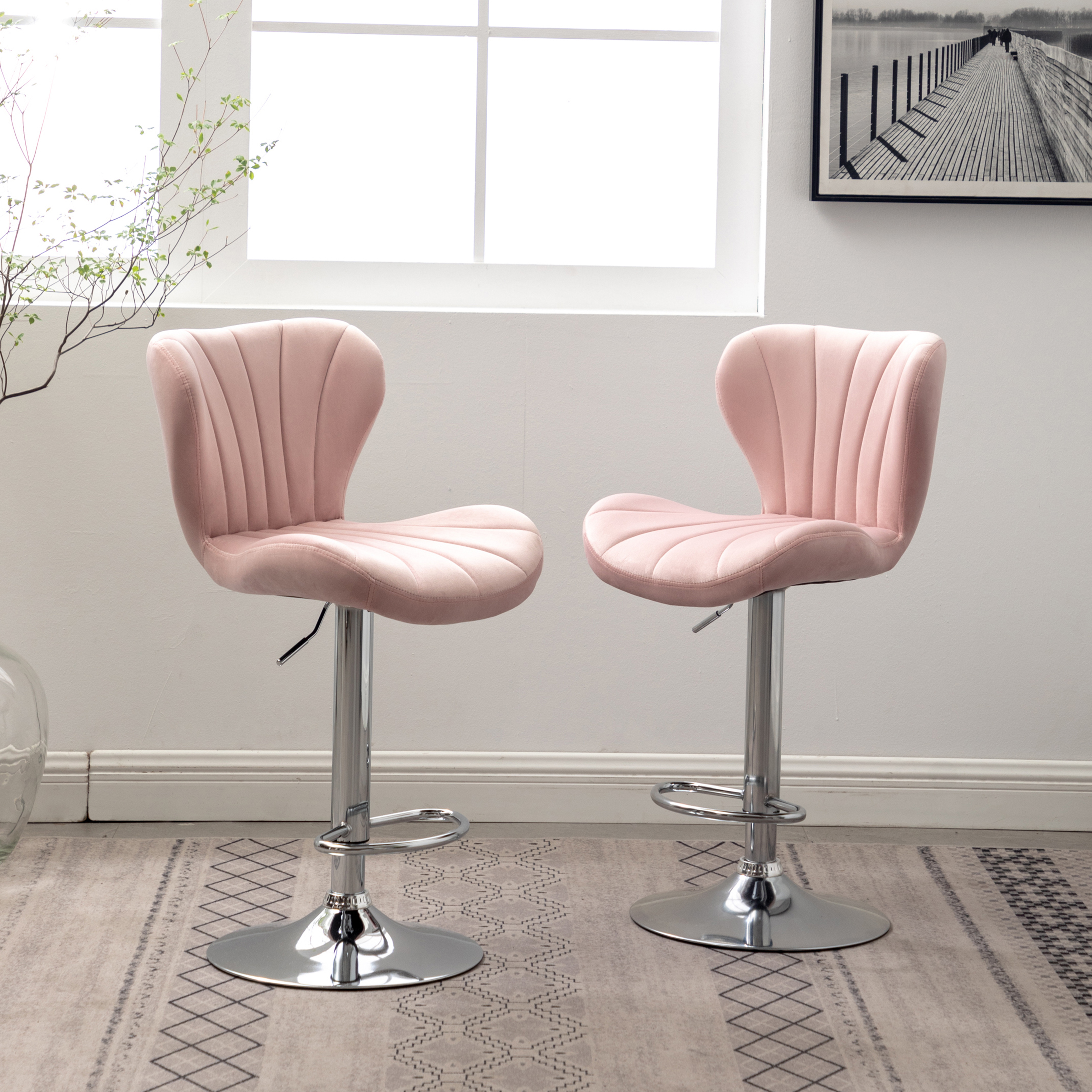 Ellston Upholstered Adjustable Swivel Barstools in Pink, Set of 2