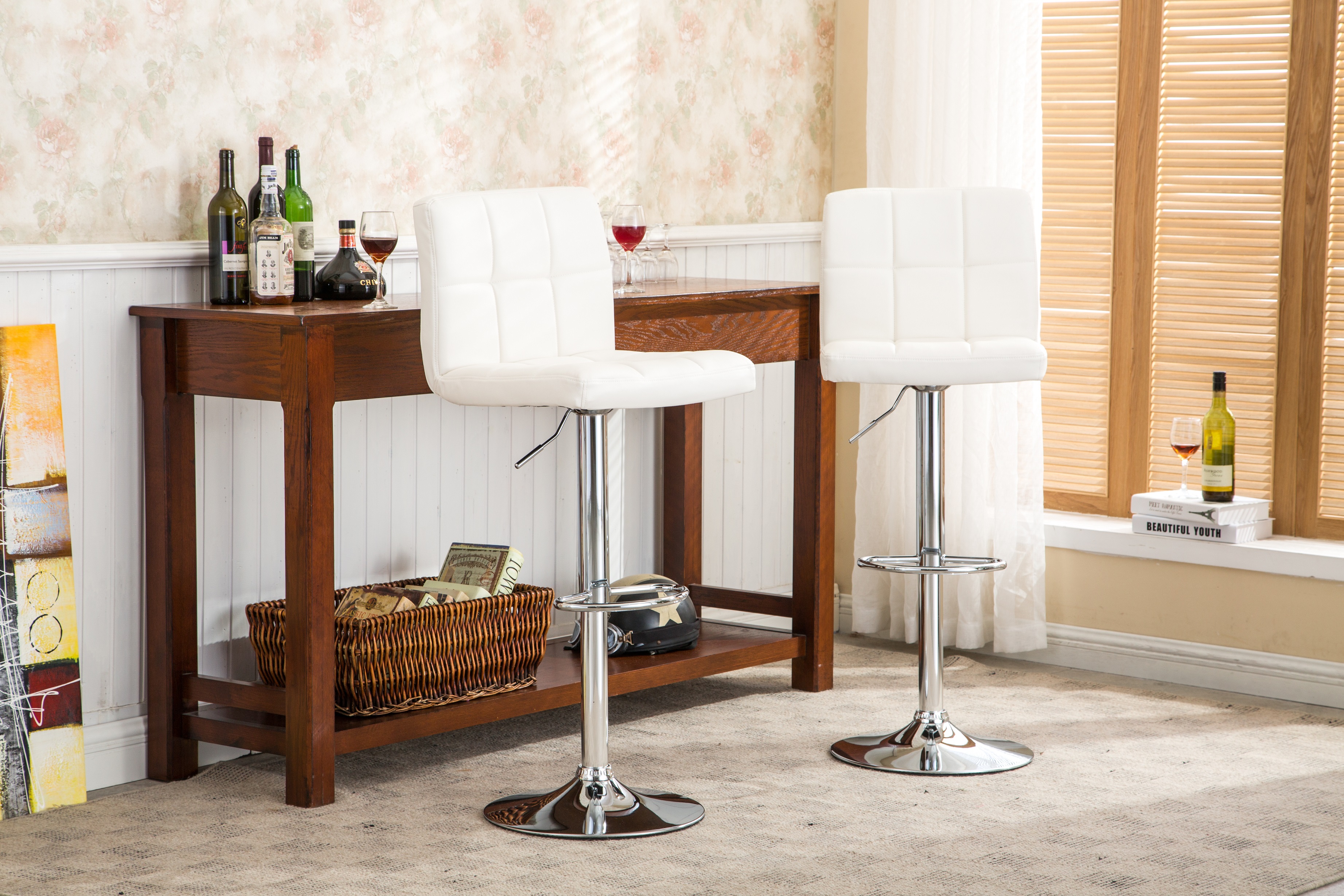 Swivel Faux Leather Adjustable Hydraulic Bar Stool, Set of 2, White