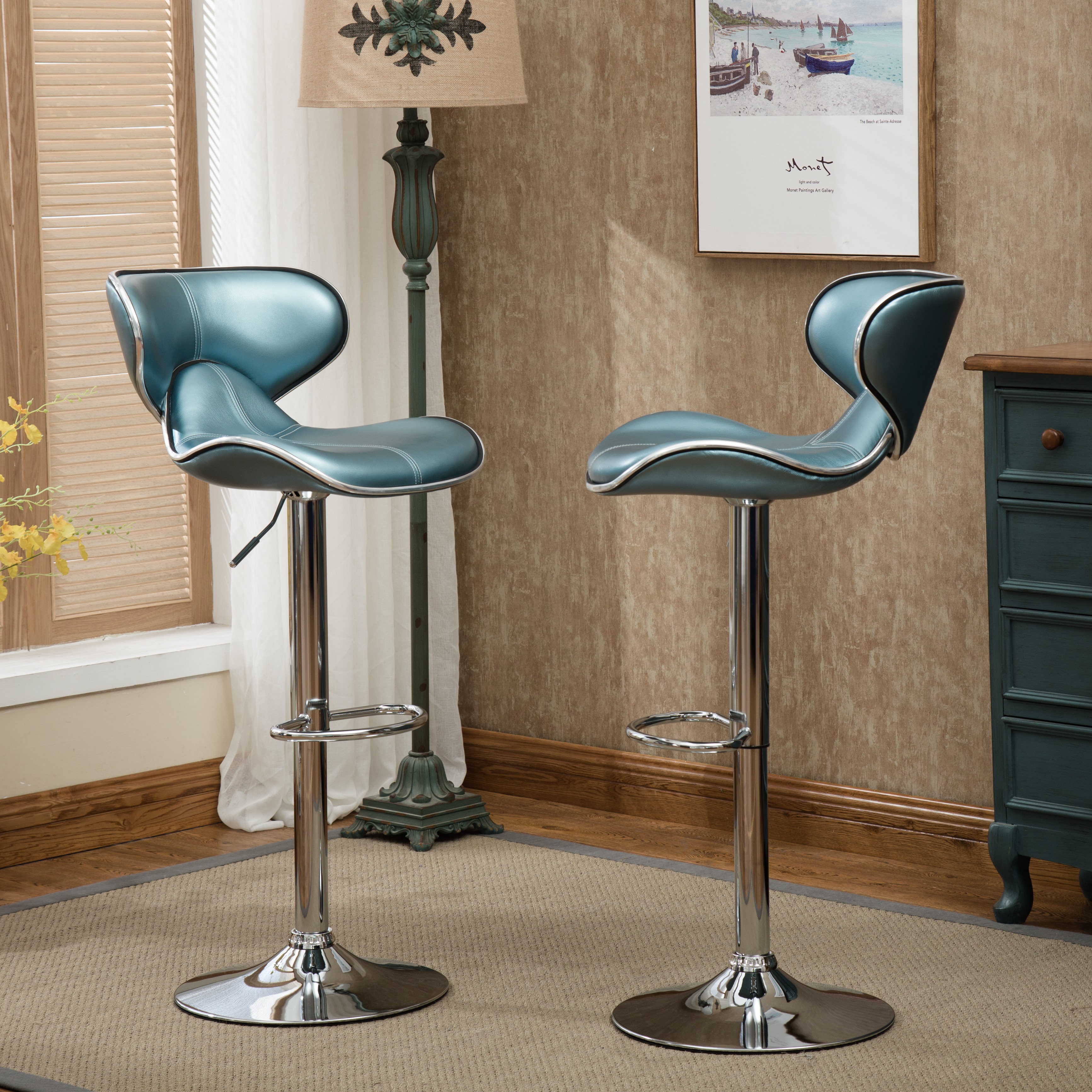 Masaccio Upholstery Airlift Adjustable Swivel Barstool with Chrome Base, Set of 2, Blue