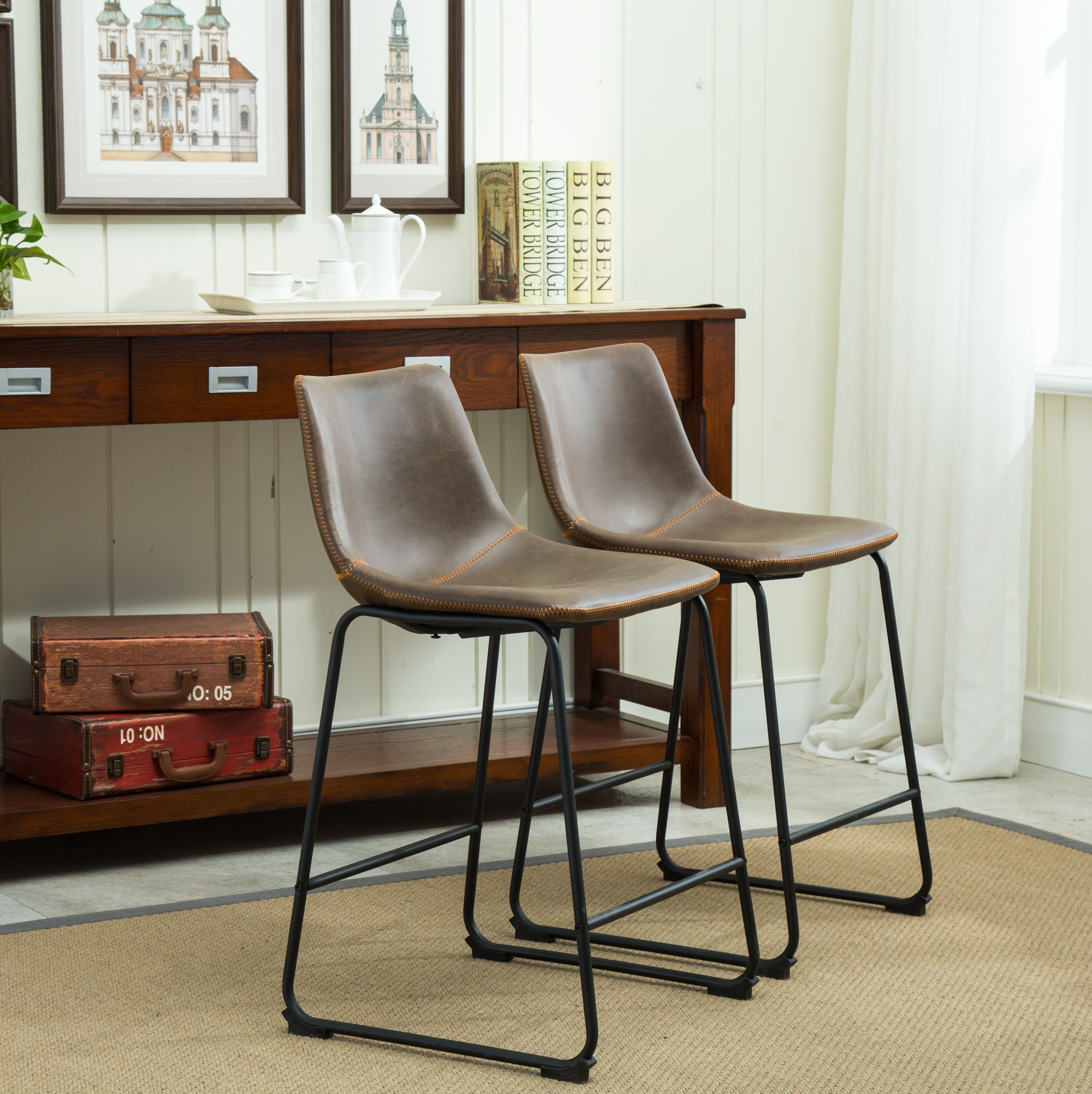 Lotusville Vintage PU Leather Counter Height Stools, Set of 2, Antique Brown