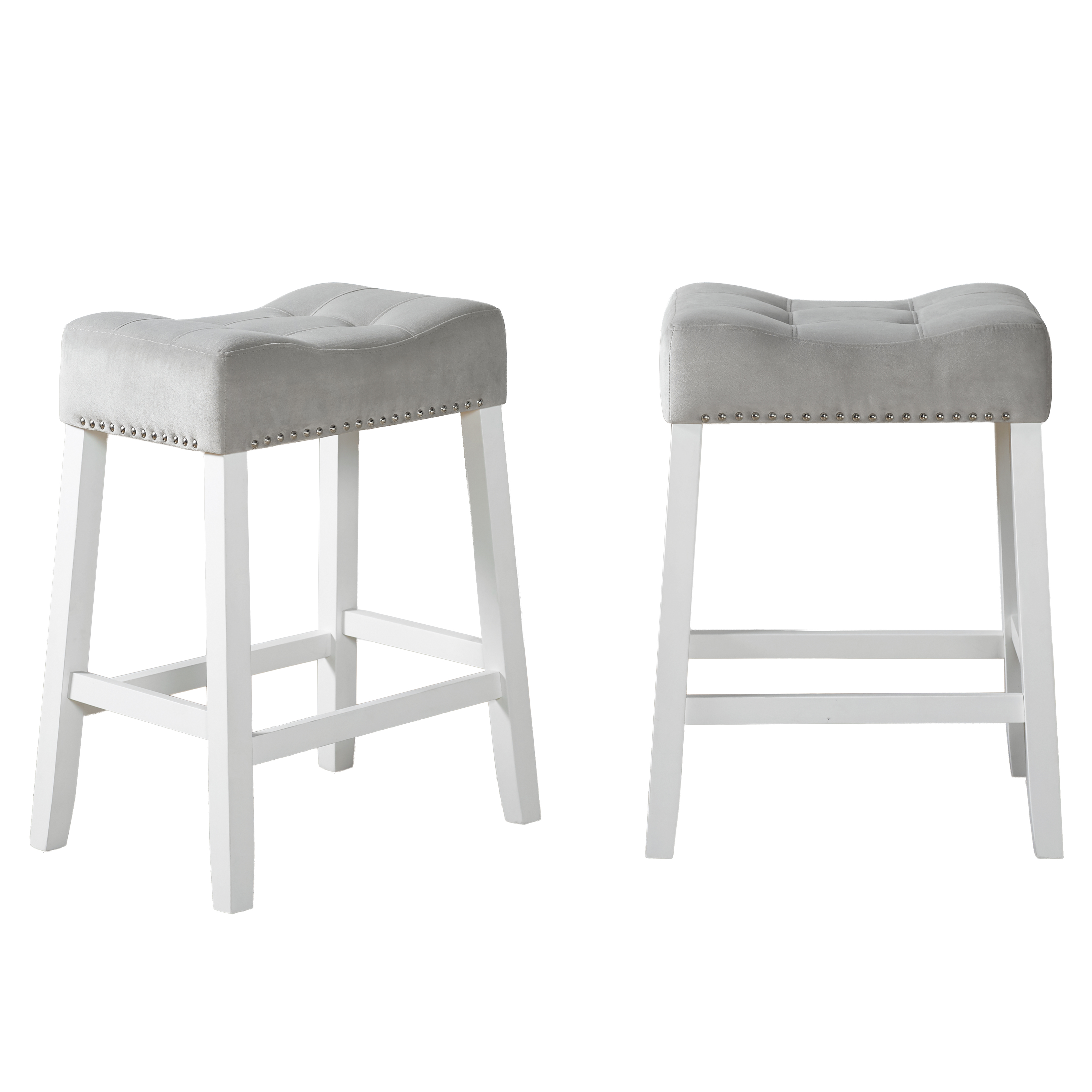 Morovo Set of 2 Velvet Counter Height Stools with Tufted Saddle Seats, White-Wash Finish, Gray