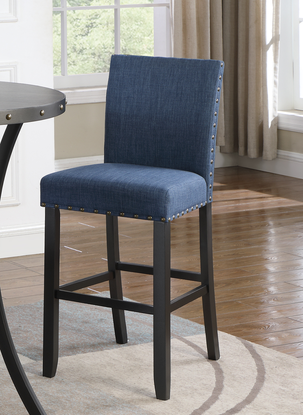 Biony Fabric Bar Stools with Nailhead Trim, Set of 2, Blue