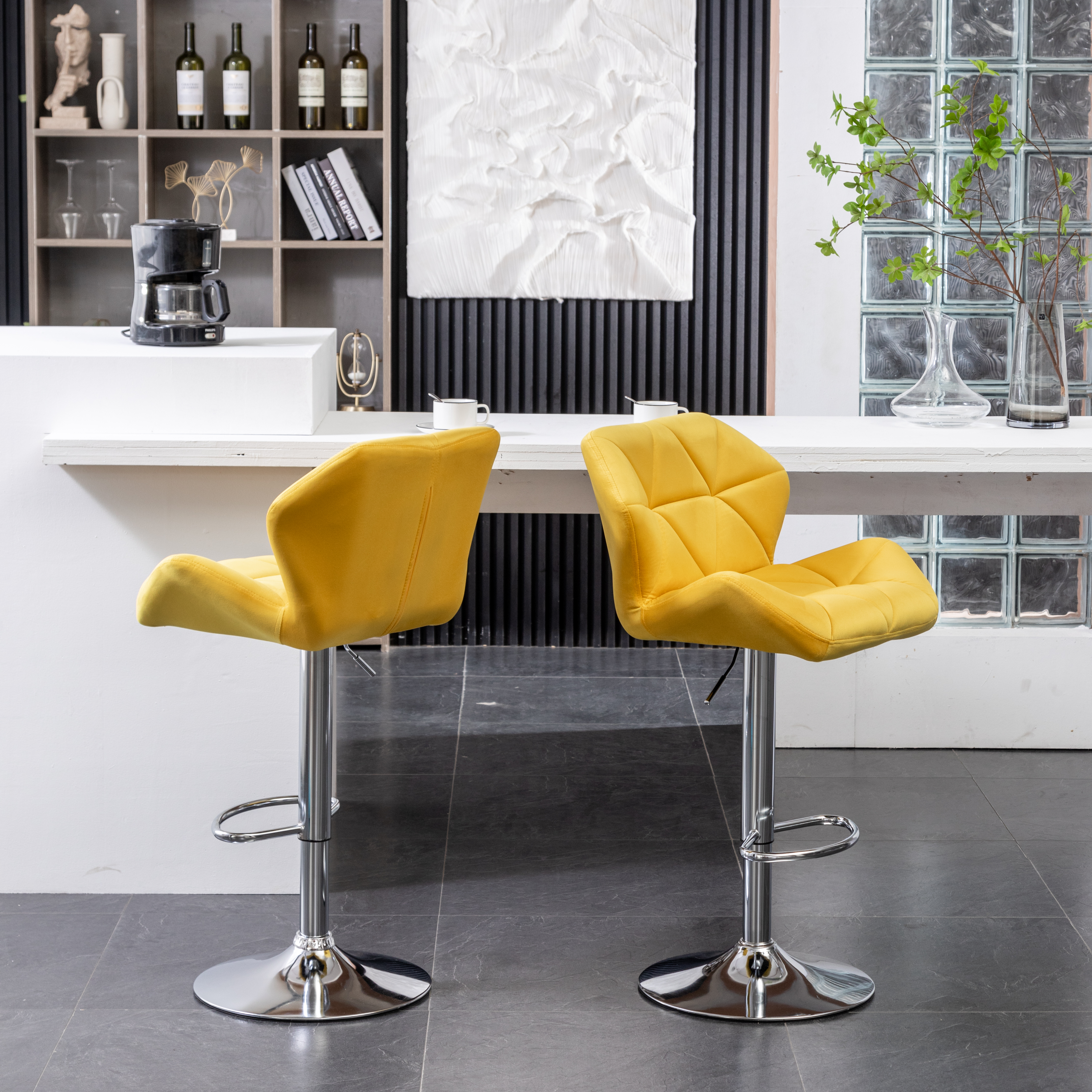 Breni Velvet Diamond Tufted Swivel Adjustable Height Barstool, Set of 2, Yellow