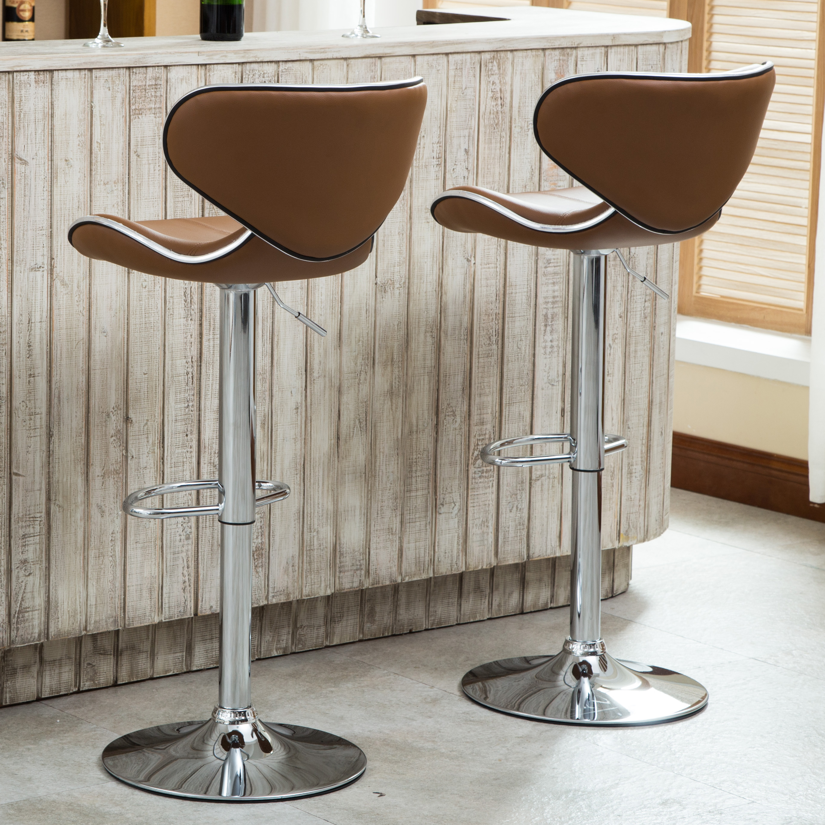 Masaccio Upholstery Airlift Adjustable Swivel Barstool with Chrome Base, Set of 2, Camel