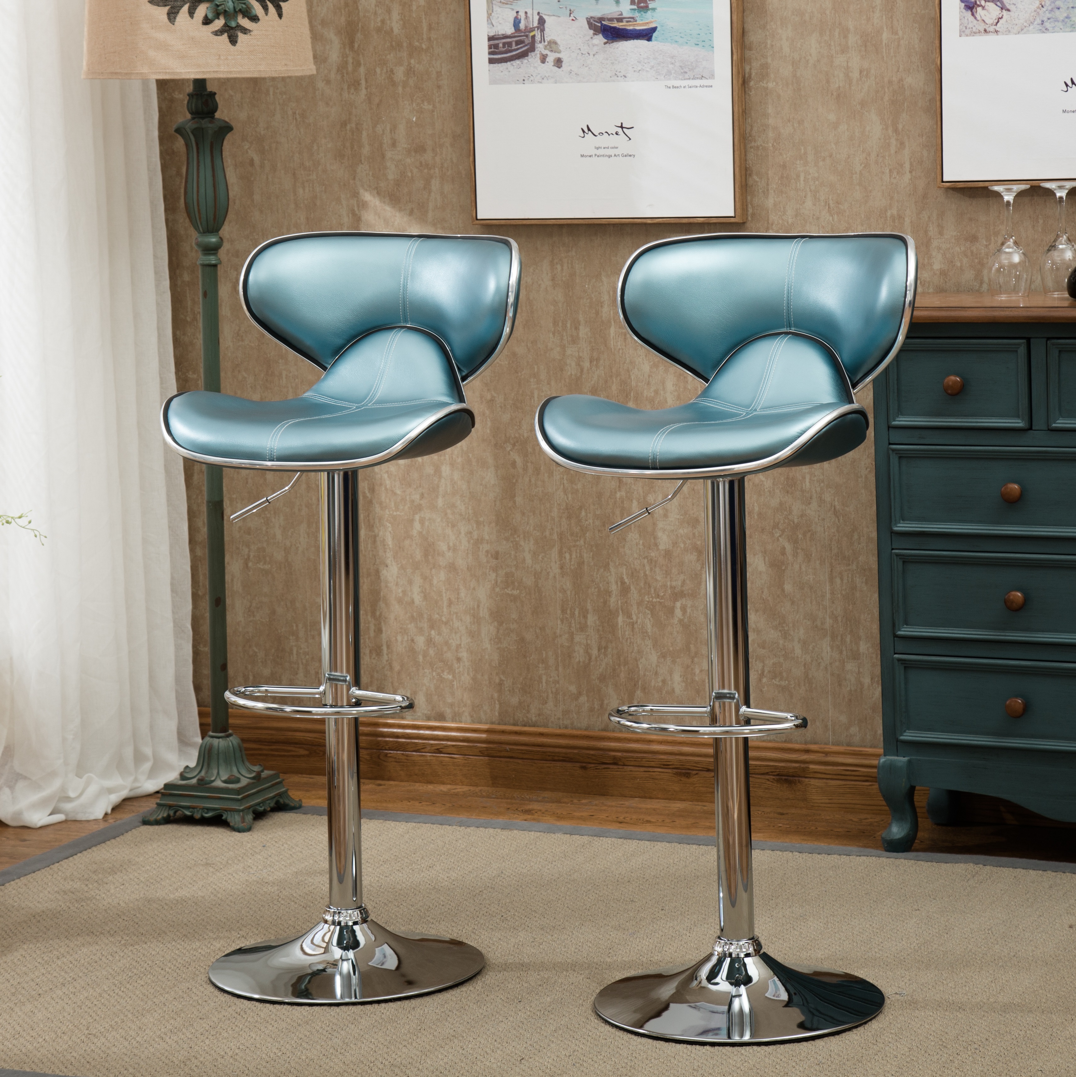 Masaccio Upholstery Airlift Adjustable Swivel Barstool with Chrome Base, Set of 2, Blue