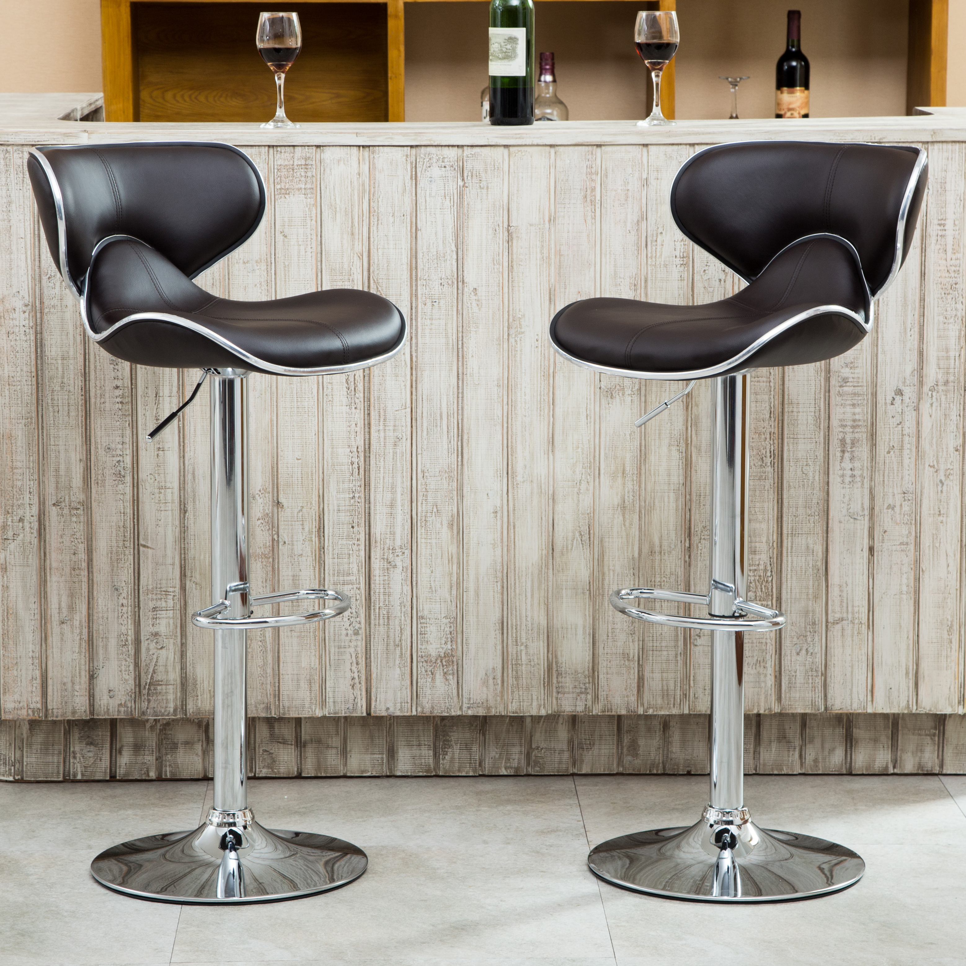 Masaccio Upholstery Airlift Adjustable Swivel Barstool with Chrome Base, Set of 2, Brown