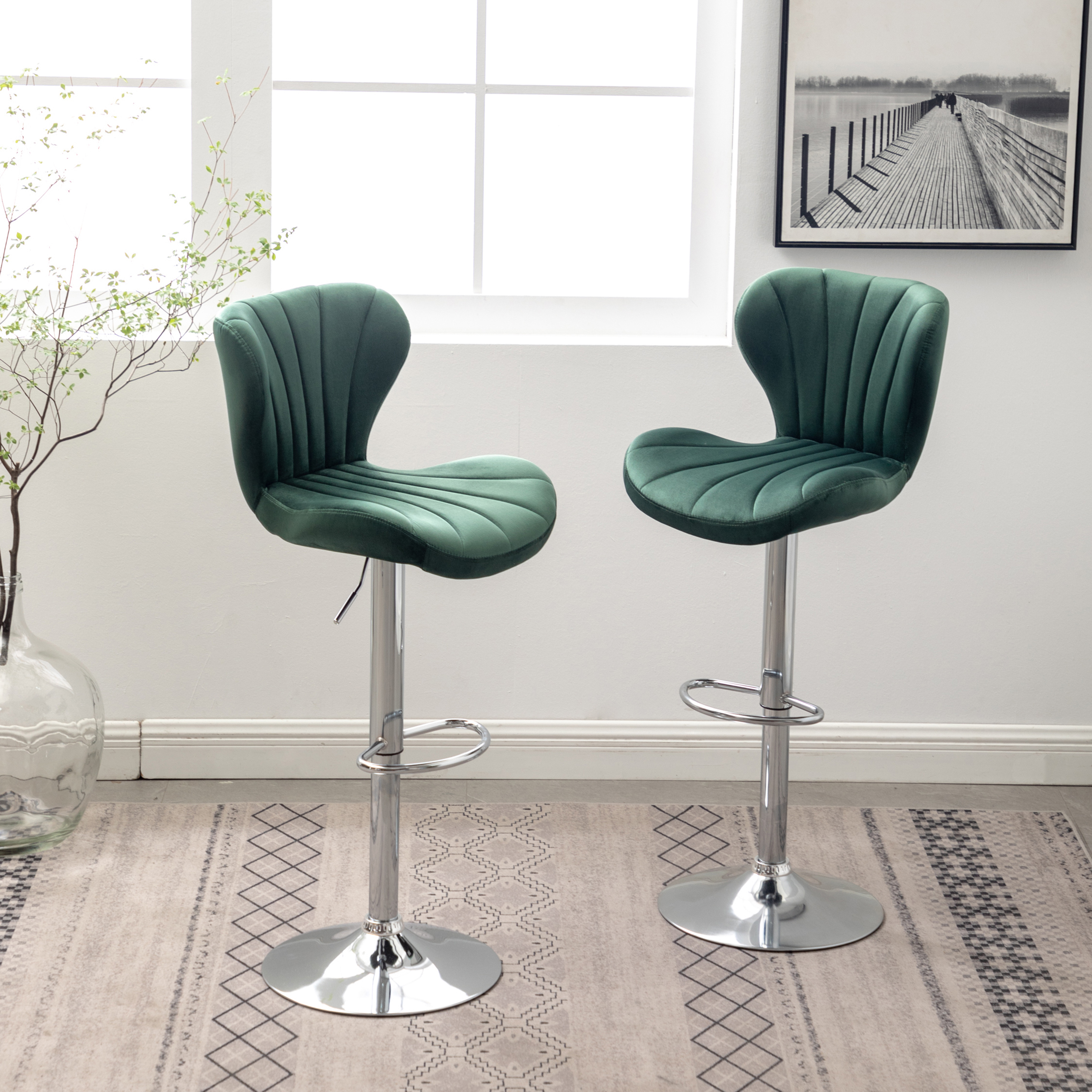 Ellston Upholstered Adjustable Swivel Barstools in Green, Set of 2