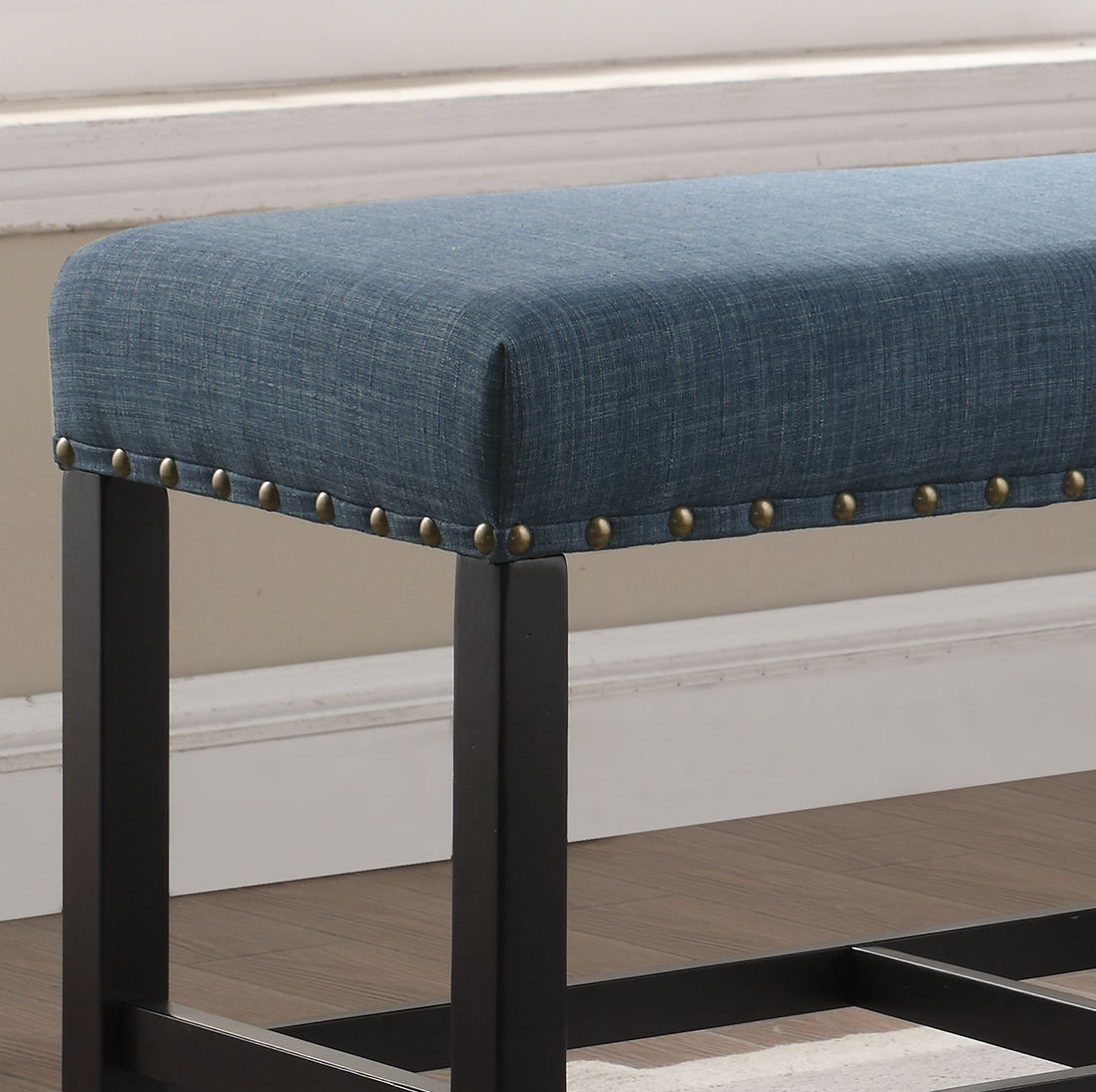 Biony Fabric Counter Height Dining Bench with Nailhead Trim, Blue