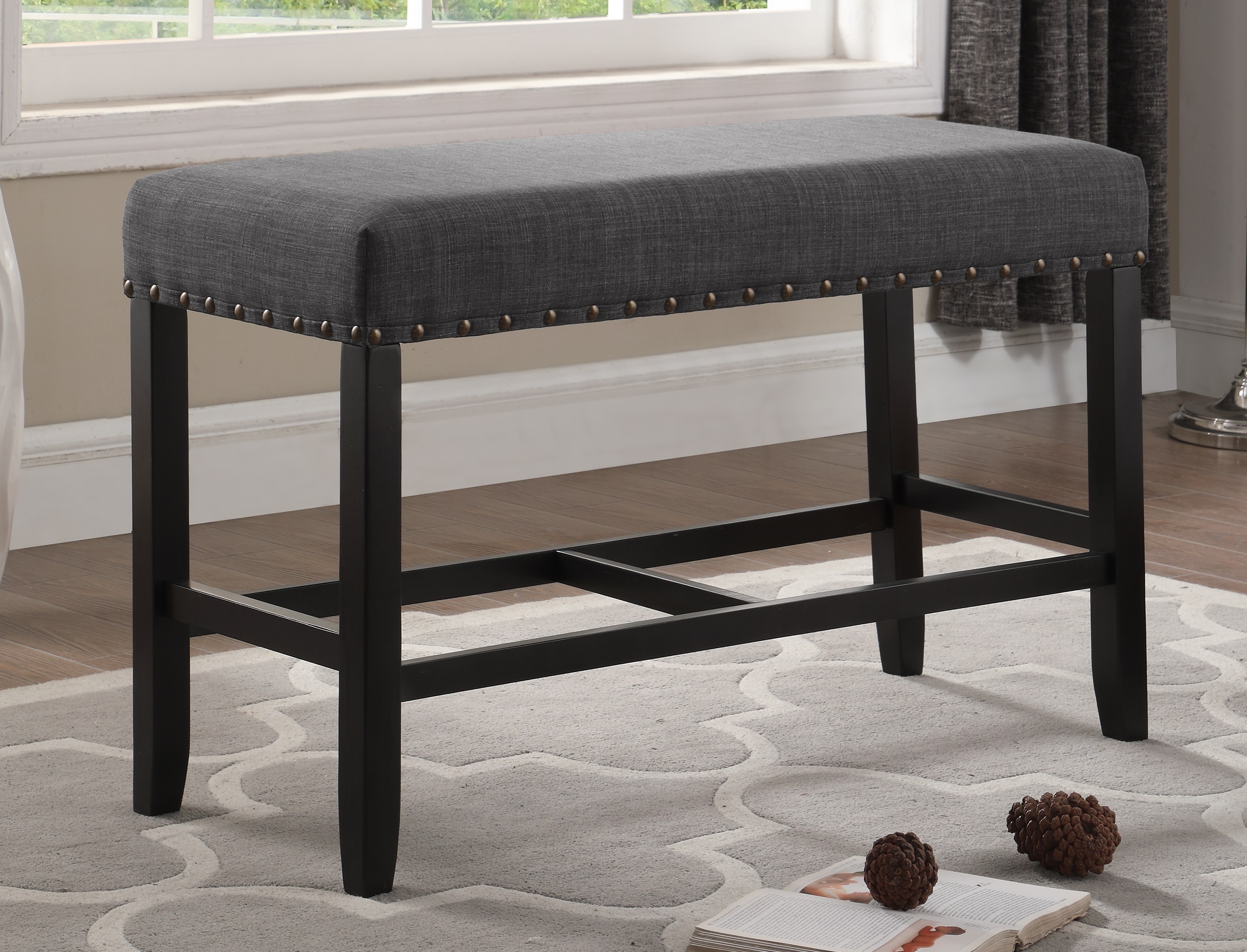 Biony Fabric Counter Height Dining Bench with Nailhead Trim, Grey