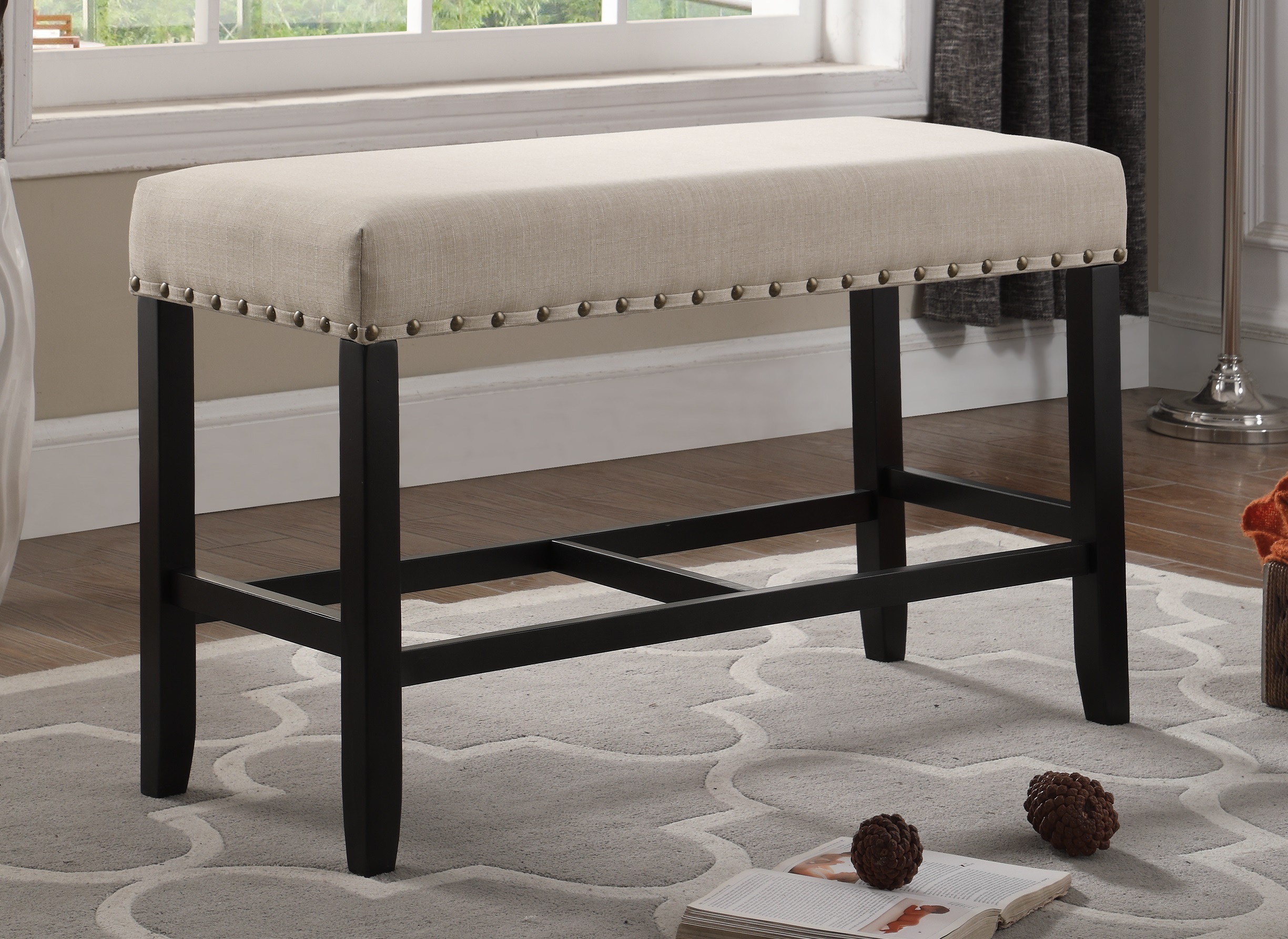 Biony Fabric Counter Height Dining Bench with Nailhead Trim, Tan