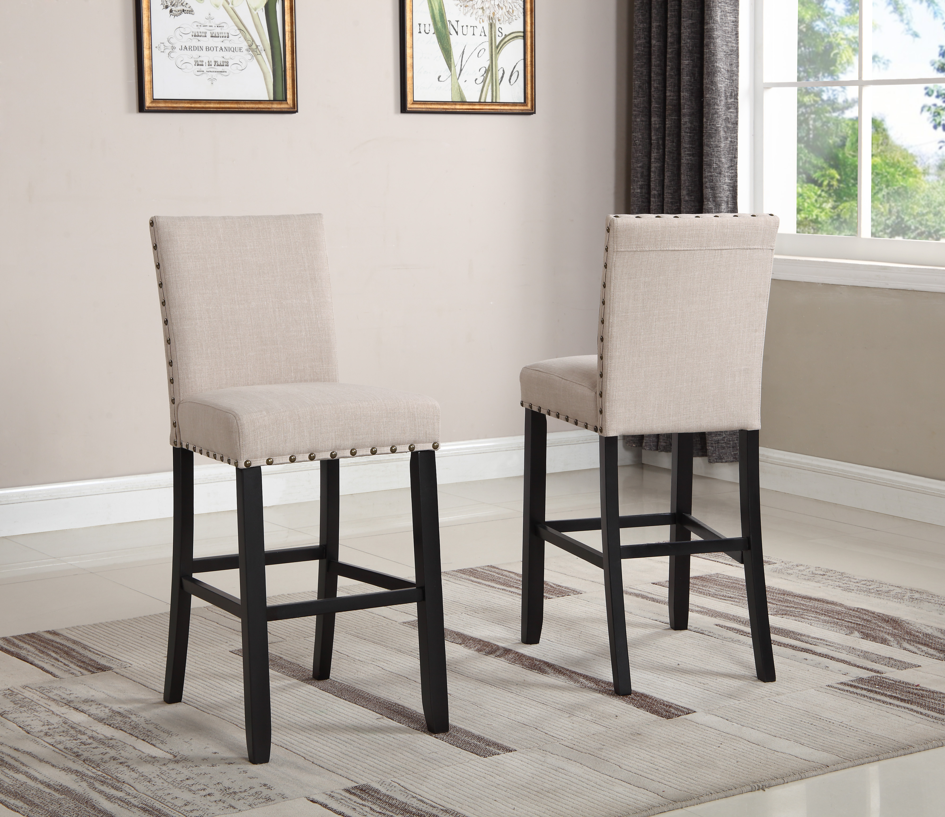 Biony Fabric Bar Stools with Nailhead Trim, Set of 2, Tan