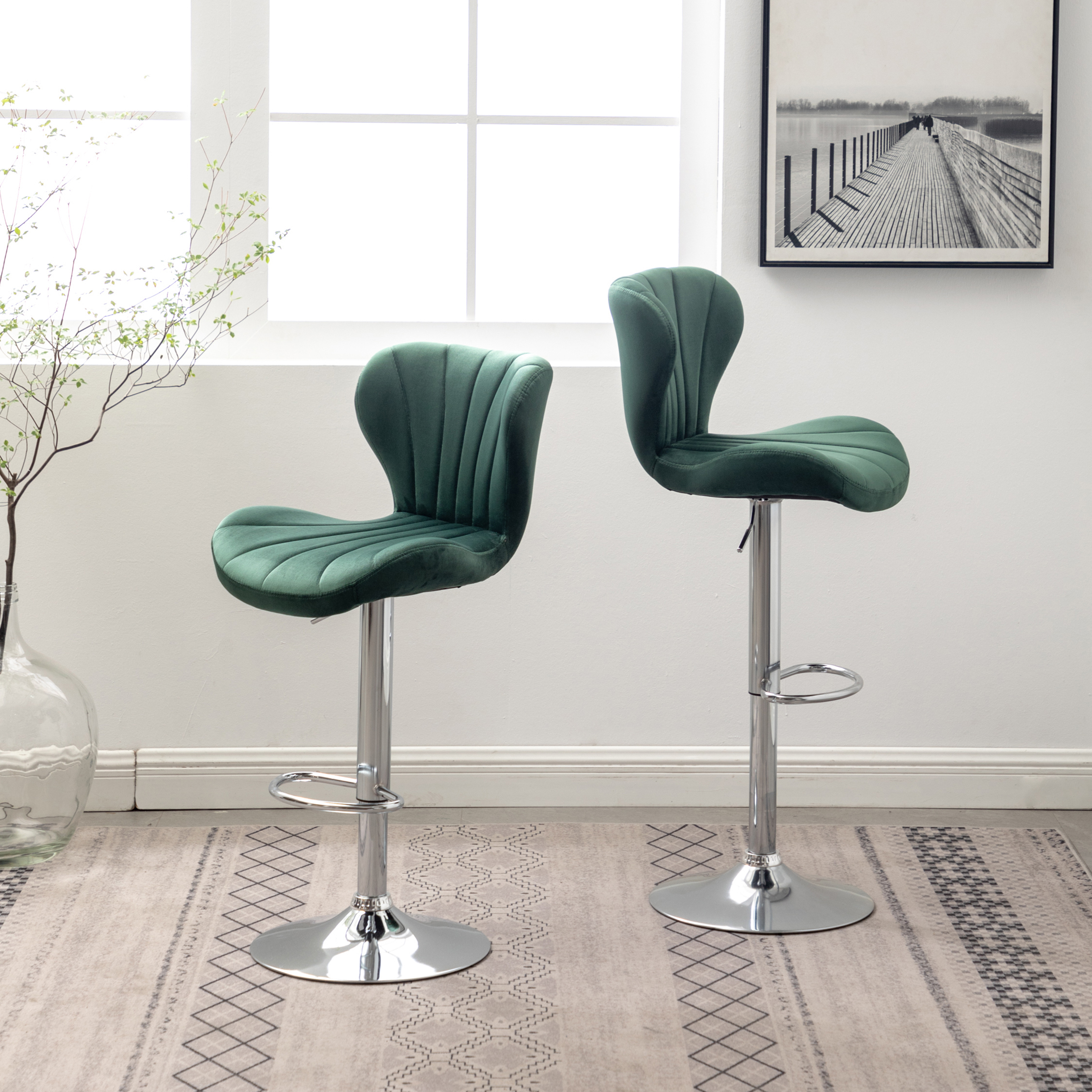 Ellston Upholstered Adjustable Swivel Barstools in Green, Set of 2