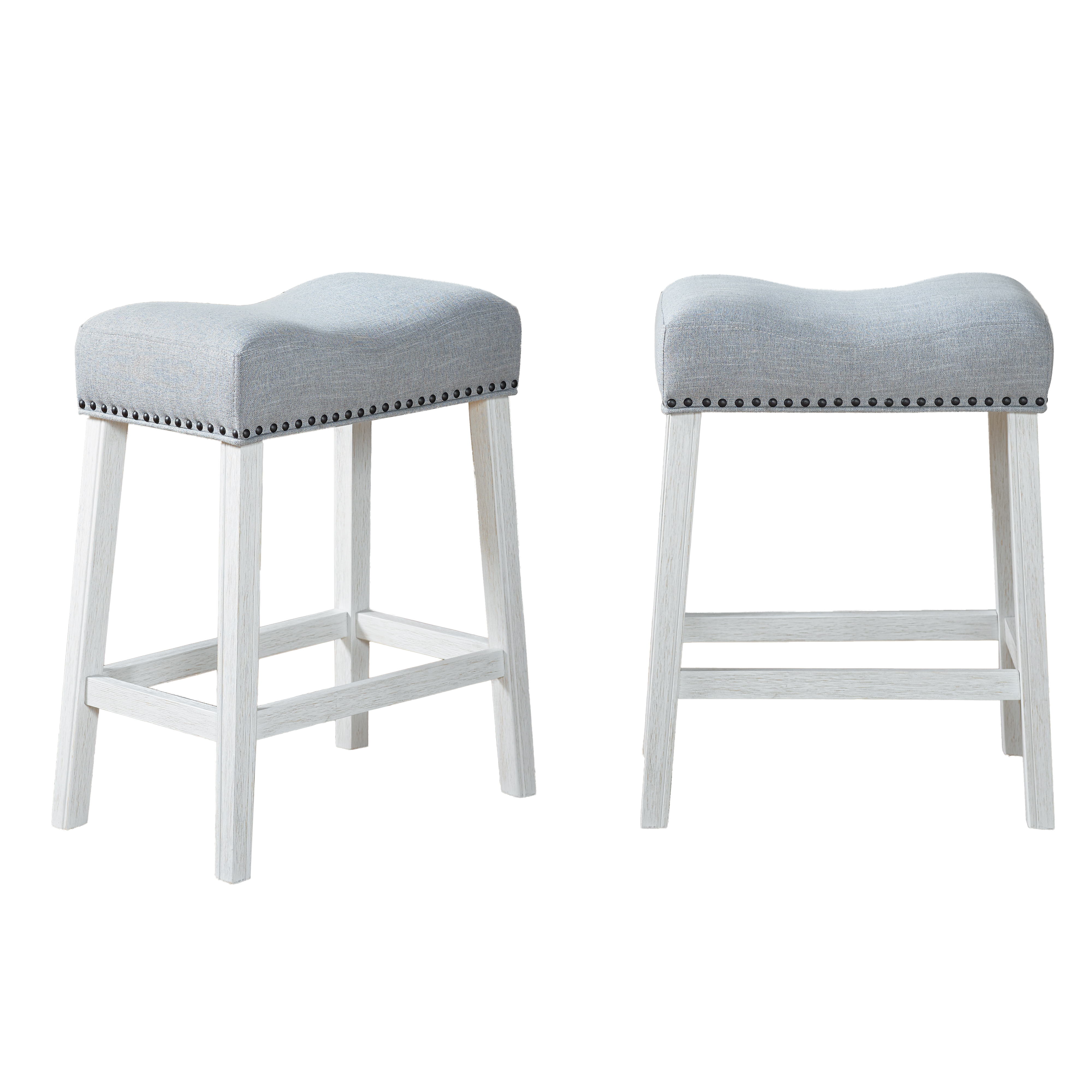 CoCo Upholstered Counter Height Stools - Saddle Seat, White-Washed Finish, Gray Fabric, Set of 2