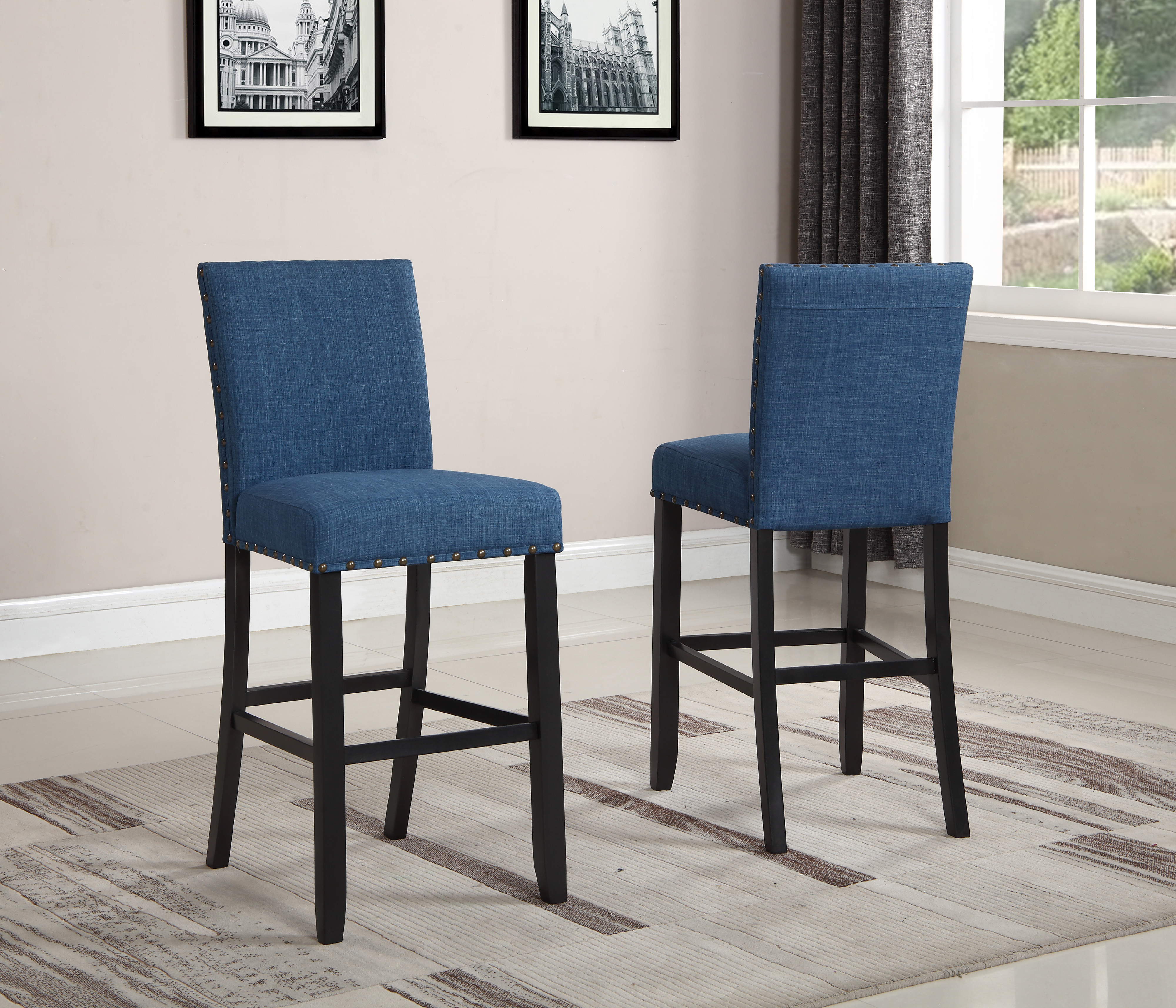 Biony Fabric Bar Stools with Nailhead Trim, Set of 2, Blue