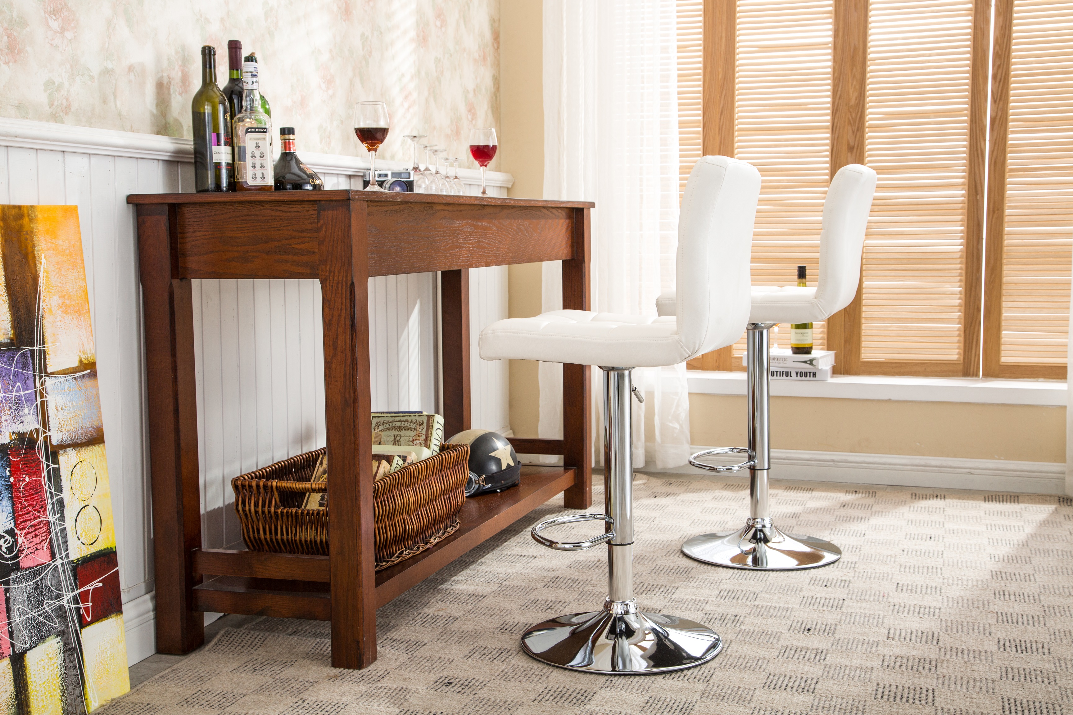 Swivel Faux Leather Adjustable Hydraulic Bar Stool, Set of 2, White