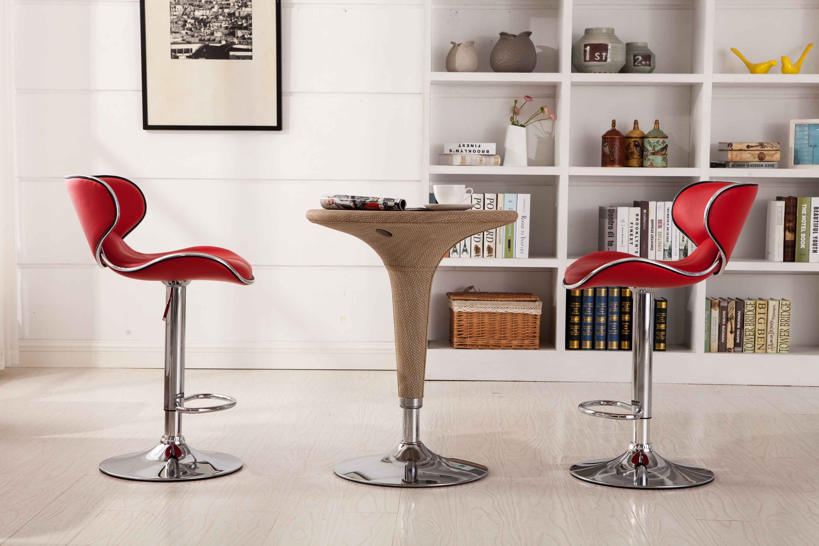 Masaccio Upholstery Airlift Adjustable Swivel Barstool with Chrome Base, Set of 2, Red