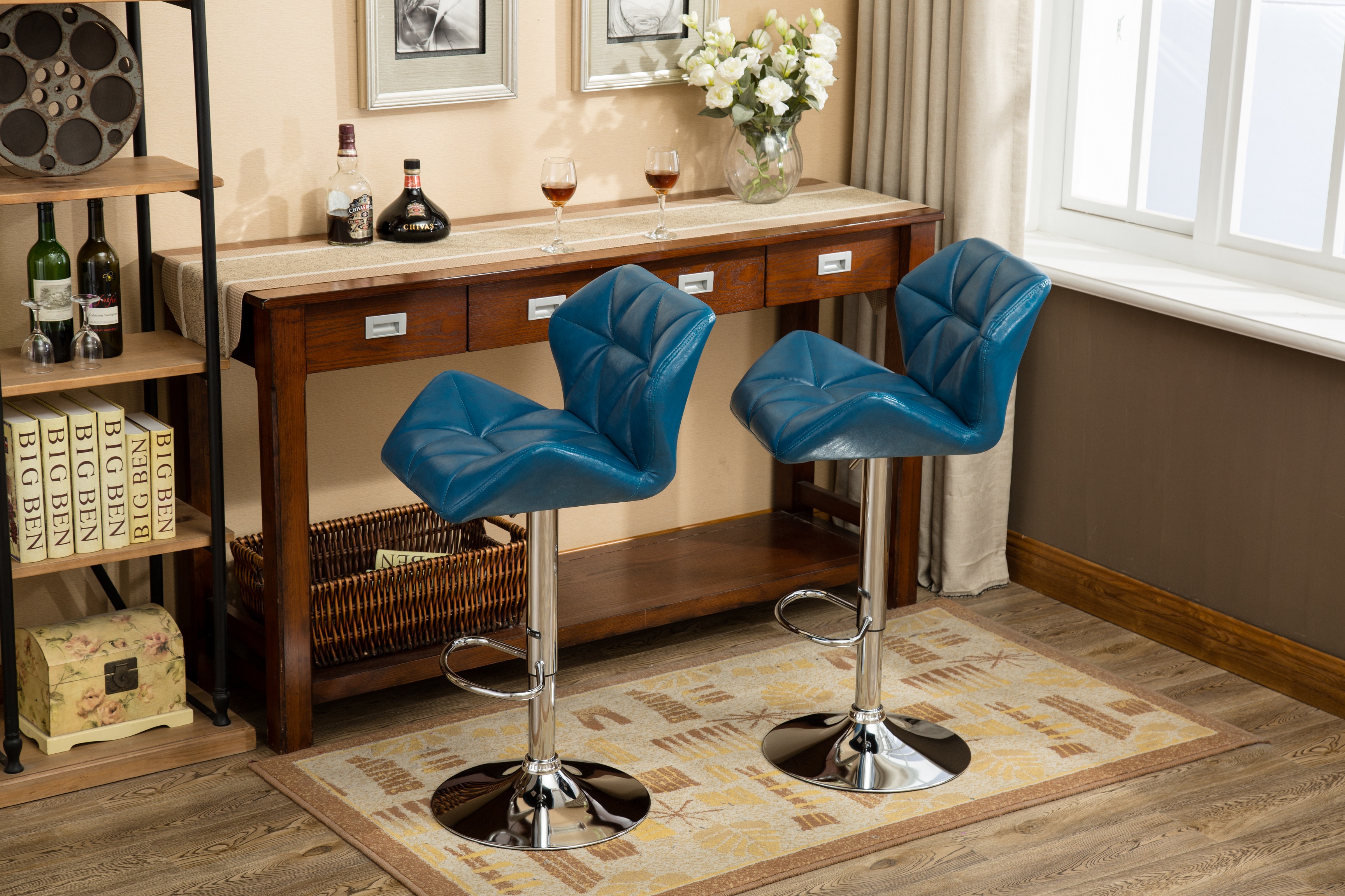 Glasgow Contemporary Tufted Adjustable Height Hidraulic Bar Stools, Set of 2, Blue