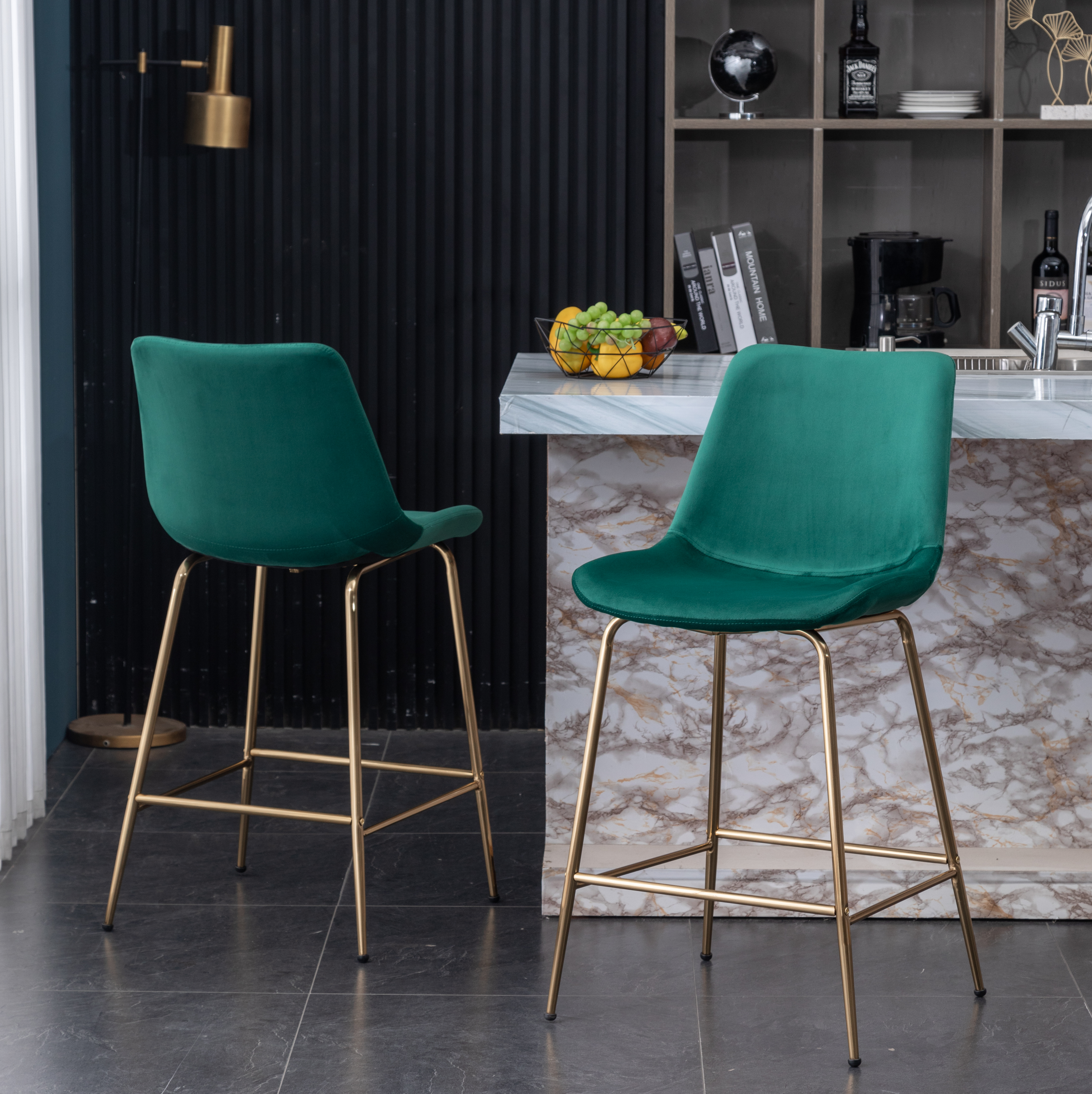 Aufurr Modern Velvet 26.50 Counter Height Stool, Set of 2, Green