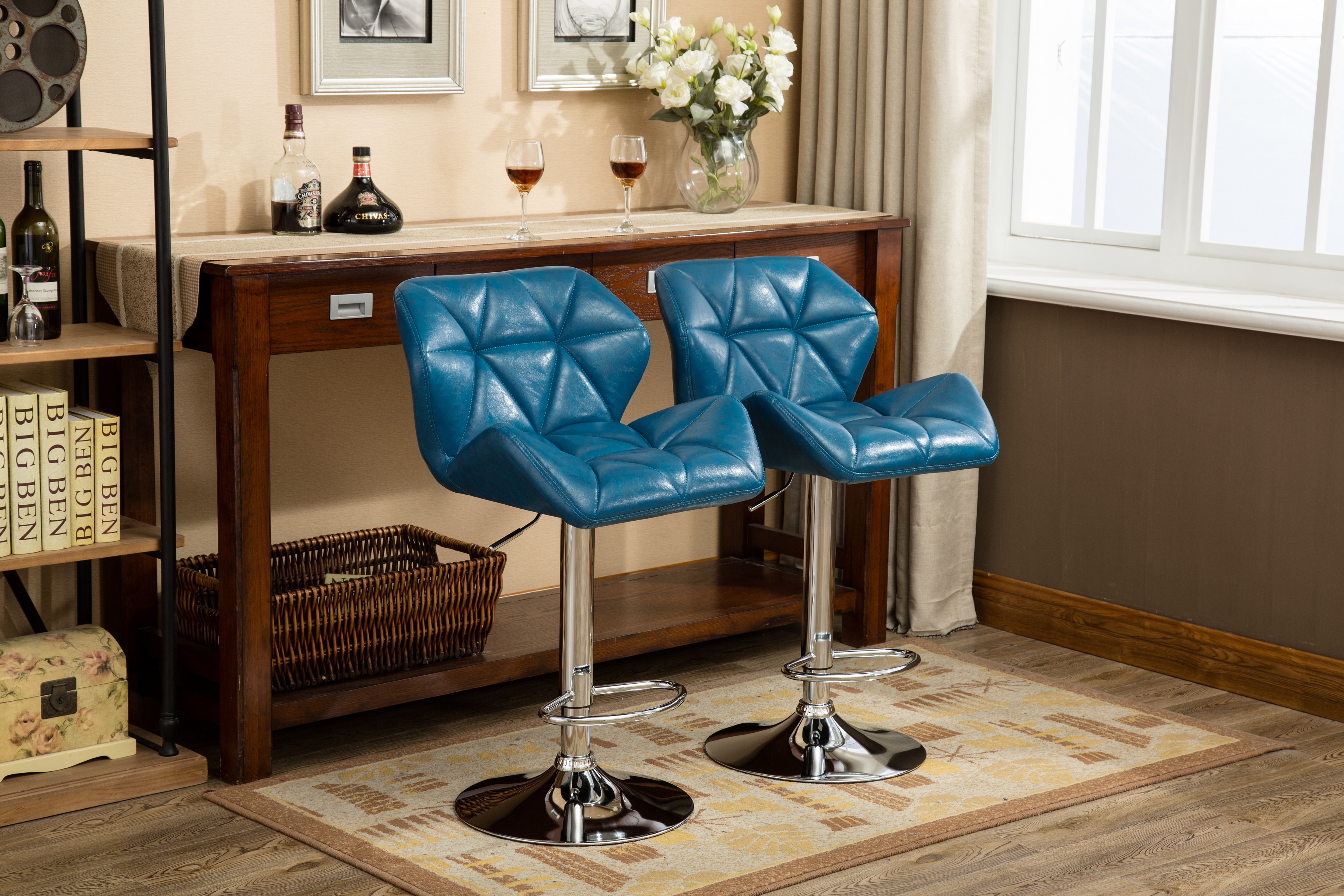 Glasgow Contemporary Tufted Adjustable Height Hidraulic Bar Stools, Set of 2, Blue