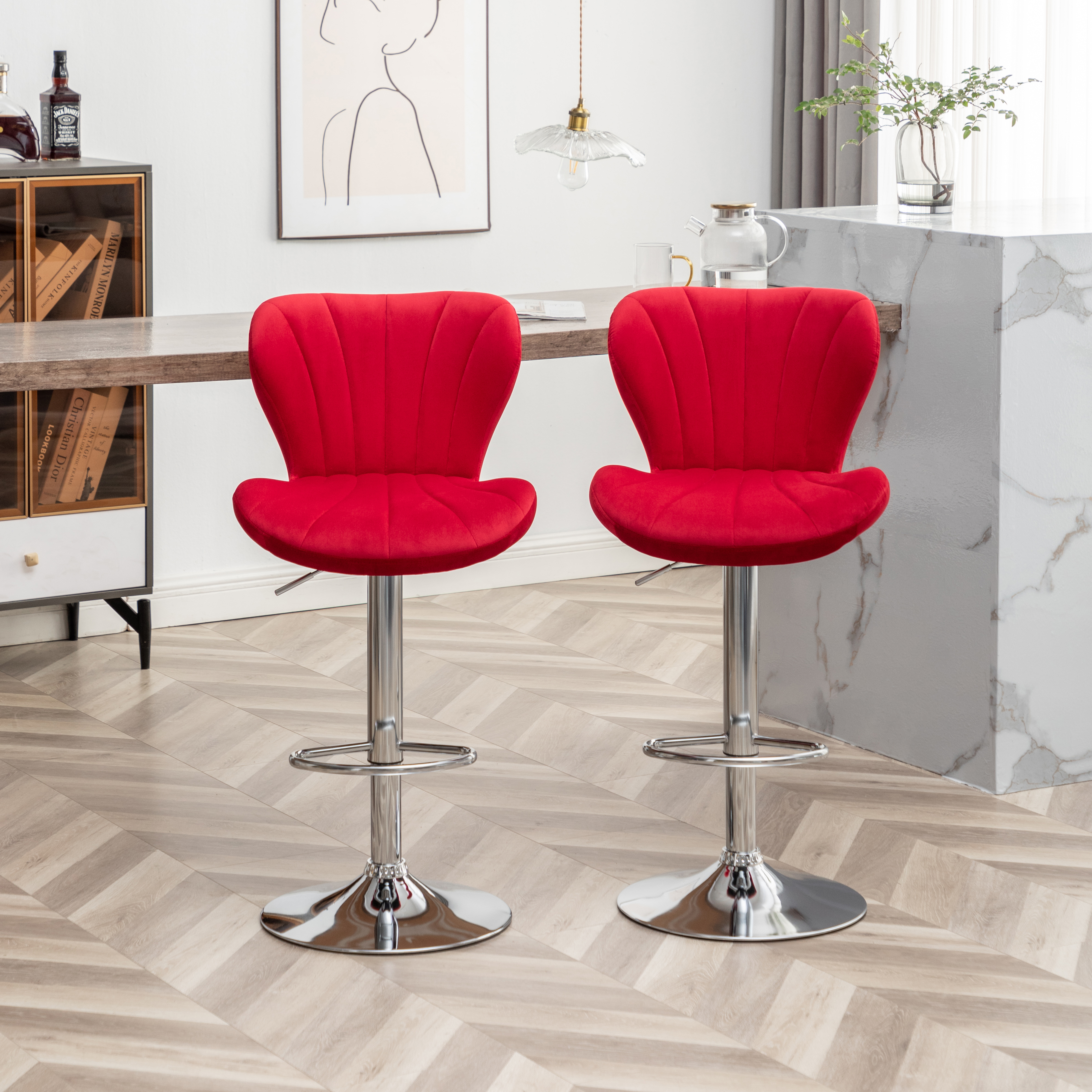 Ellston Upholstered Adjustable Swivel Barstools in Red, Set of 2