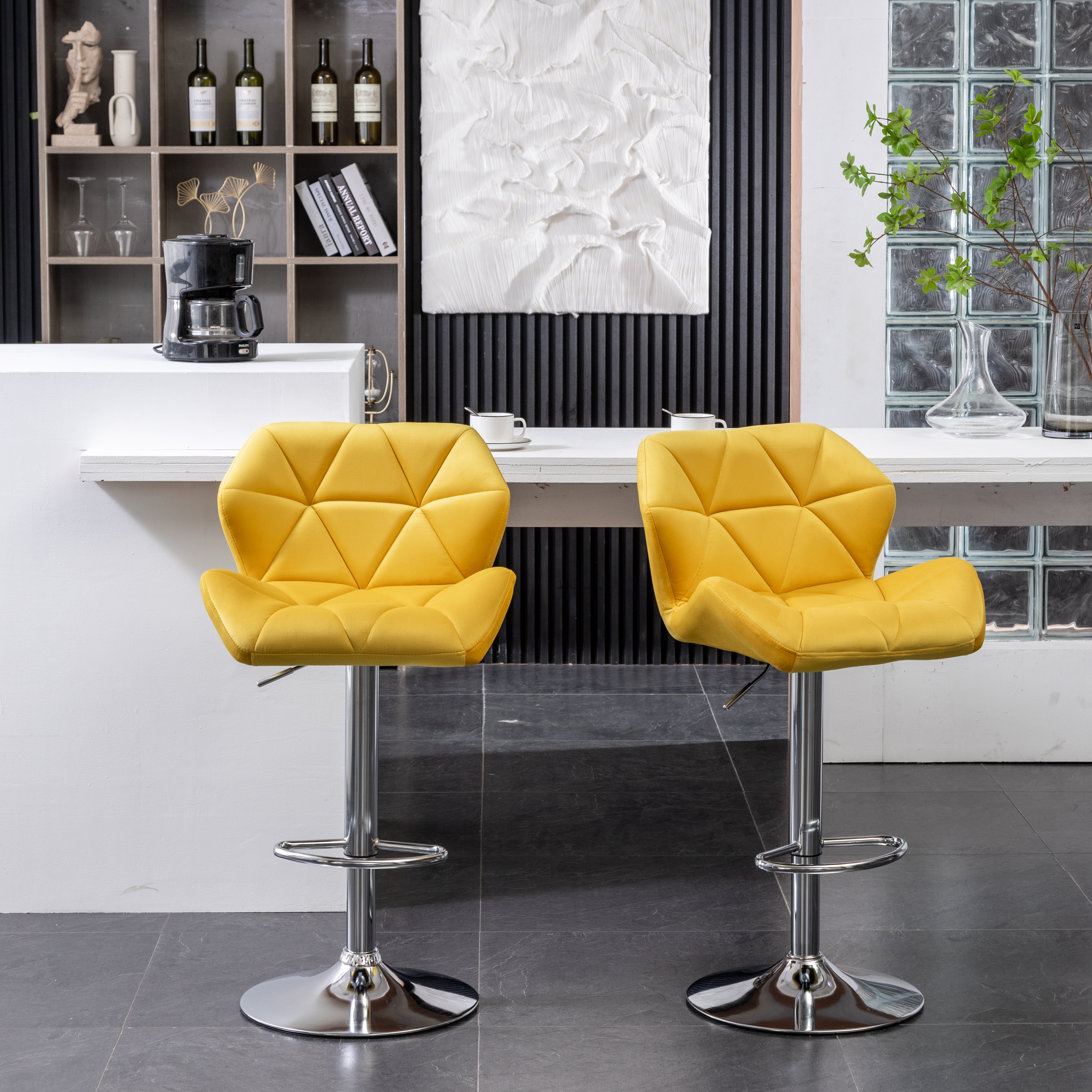 Breni Velvet Diamond Tufted Swivel Adjustable Height Barstool, Set of 2, Yellow