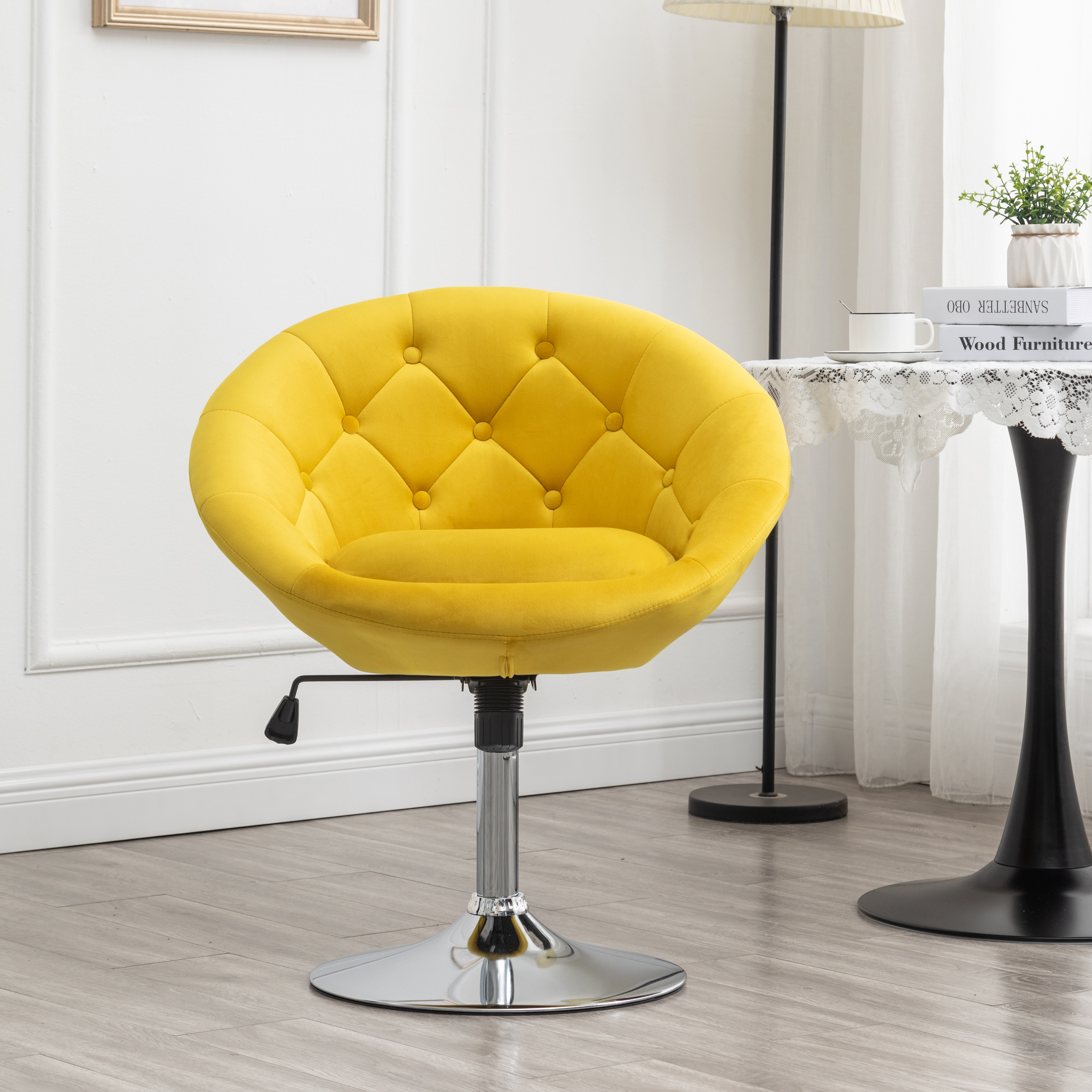 Noas Velvet Upholstered Tufted Back Swivel Accent Chair, Yellow