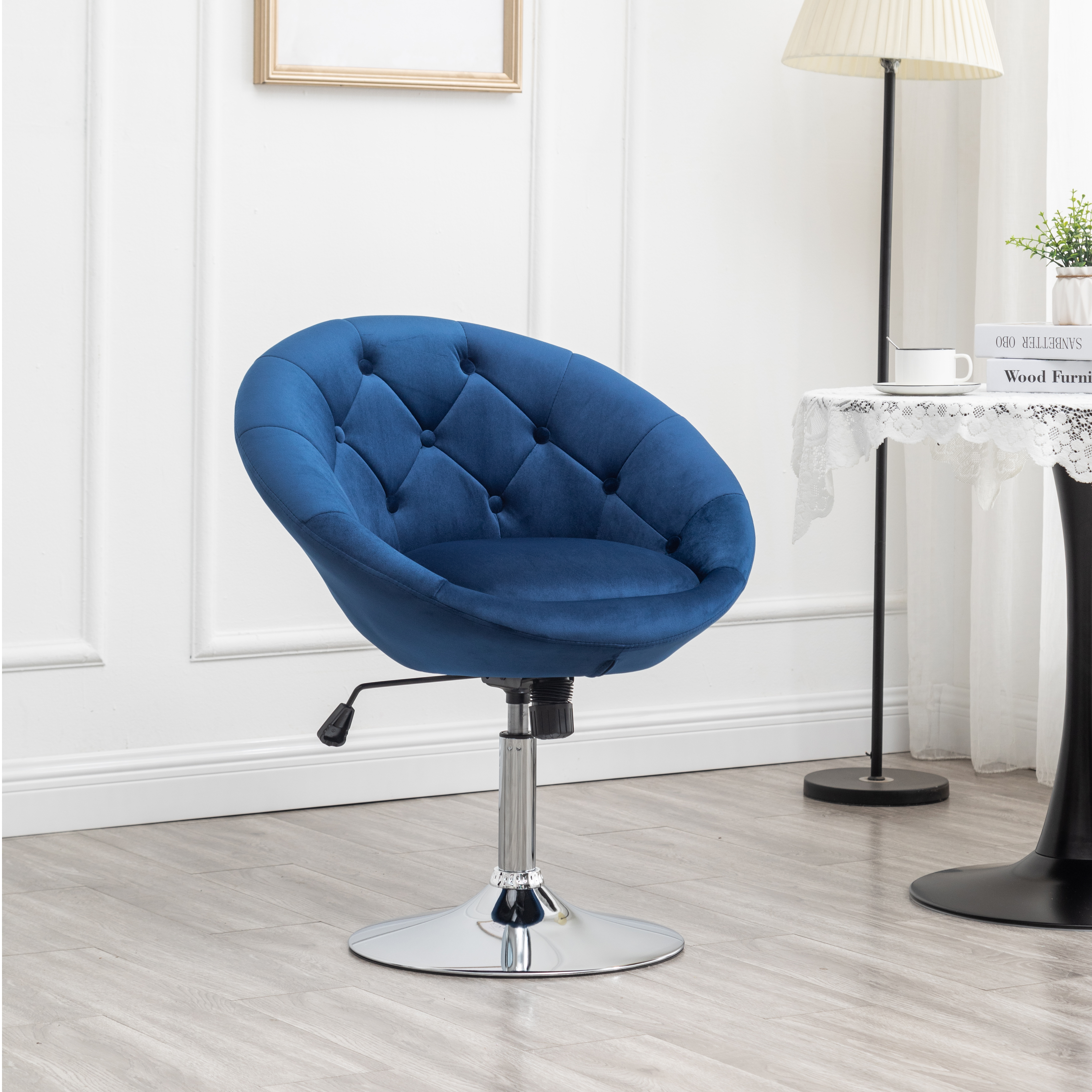 Noas Velvet Upholstered Tufted Back Swivel Accent Chair, Blue