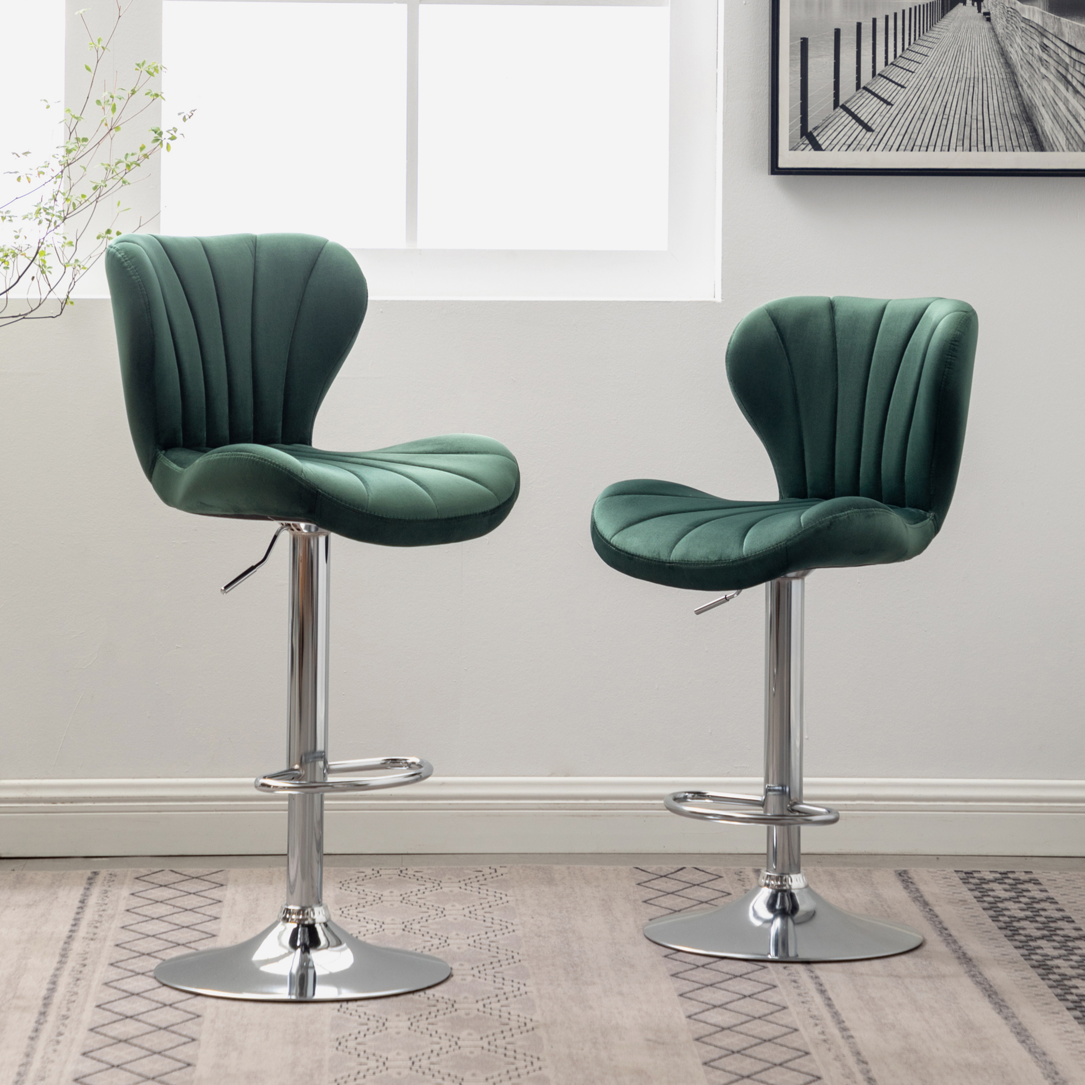 Ellston Upholstered Adjustable Swivel Barstools in Green, Set of 2