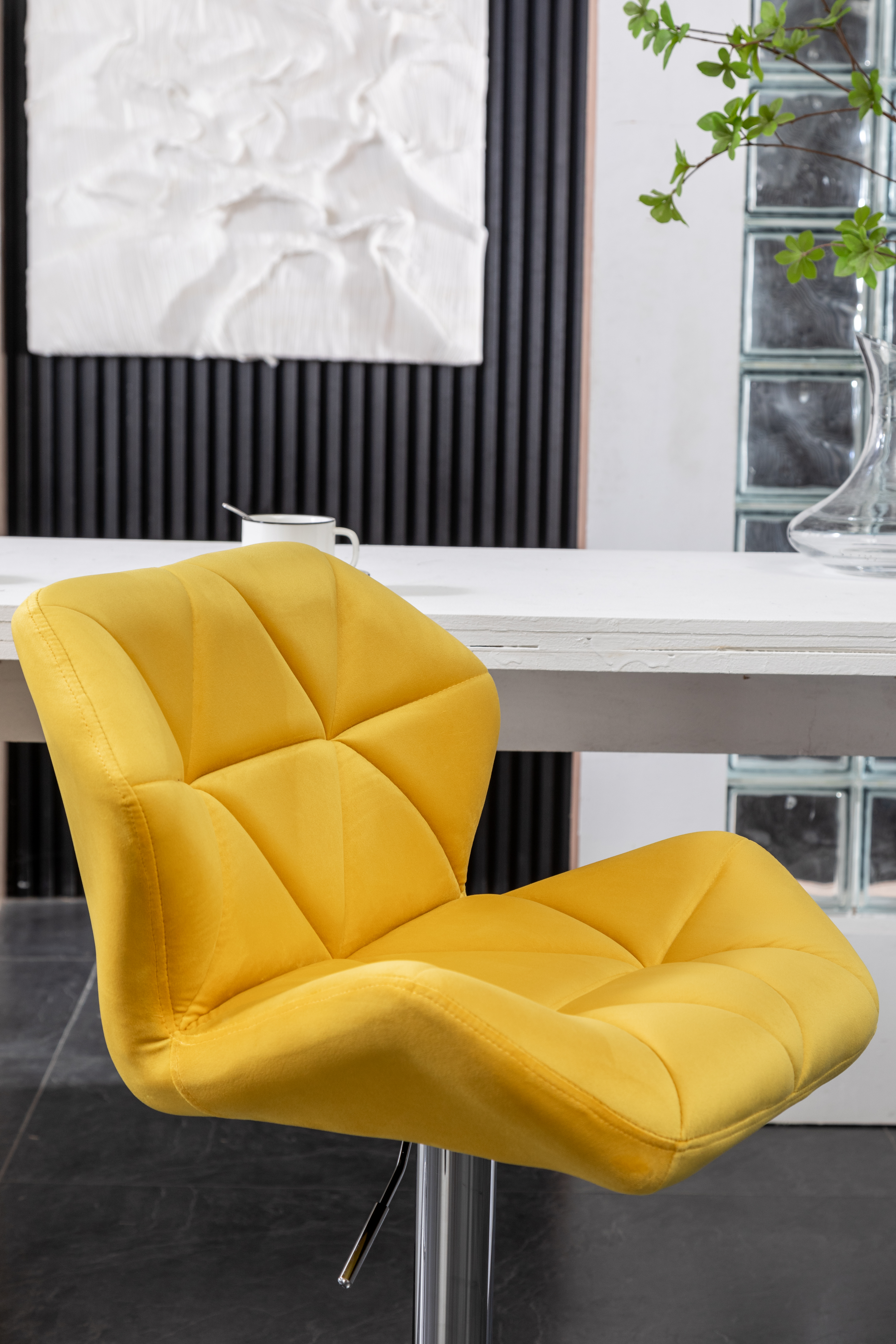 Breni Velvet Diamond Tufted Swivel Adjustable Height Barstool, Set of 2, Yellow