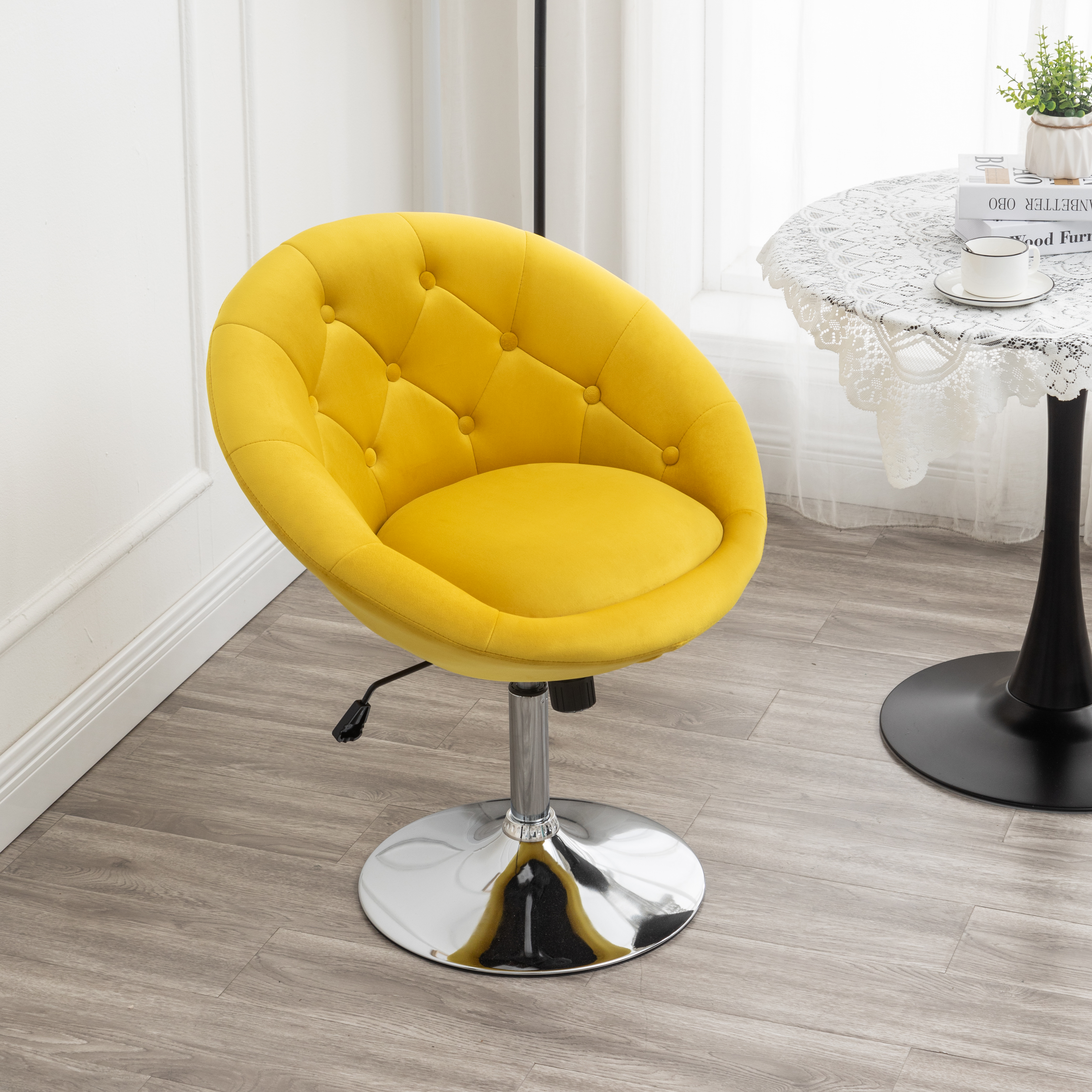 Noas Velvet Upholstered Tufted Back Swivel Accent Chair, Yellow