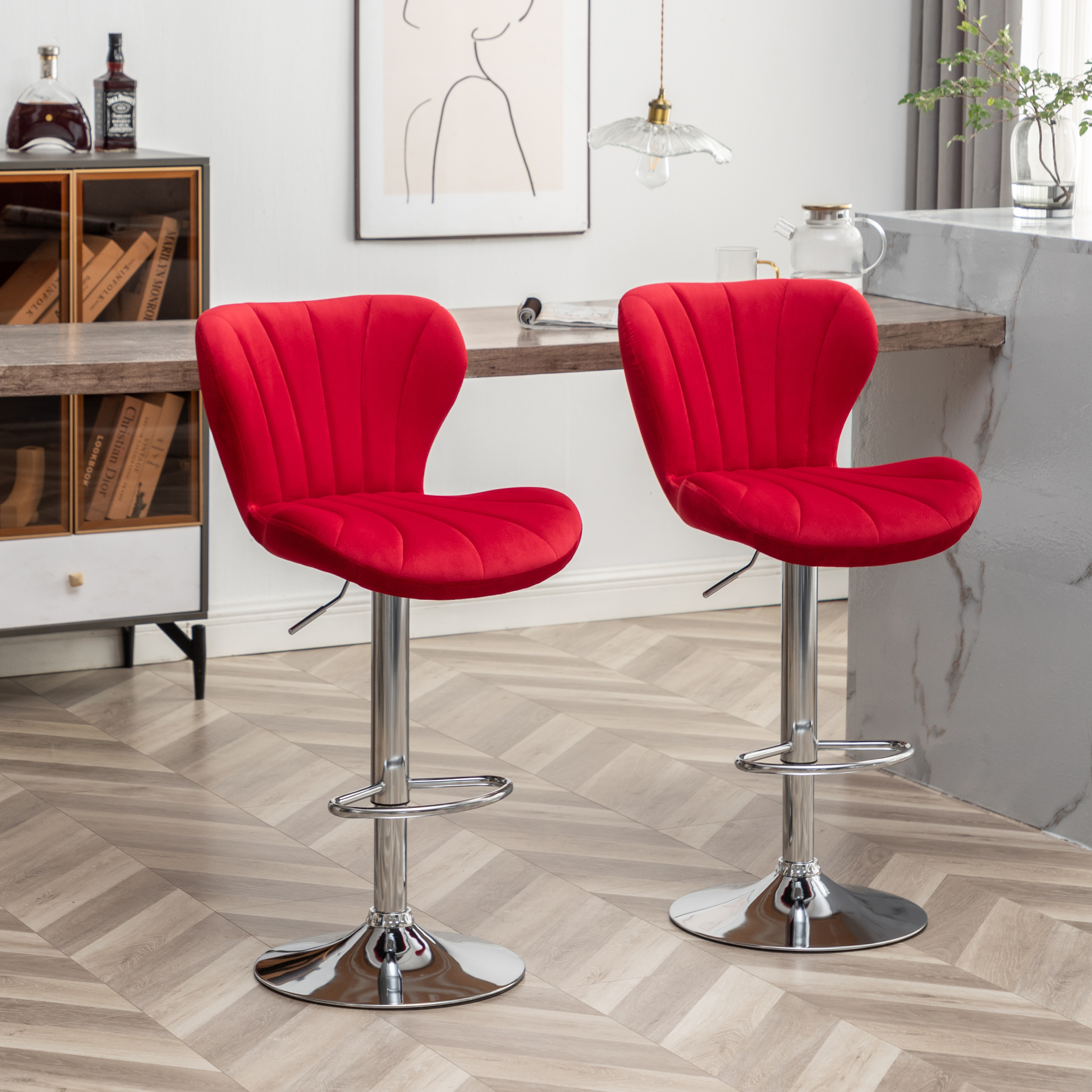 Ellston Upholstered Adjustable Swivel Barstools in Red, Set of 2