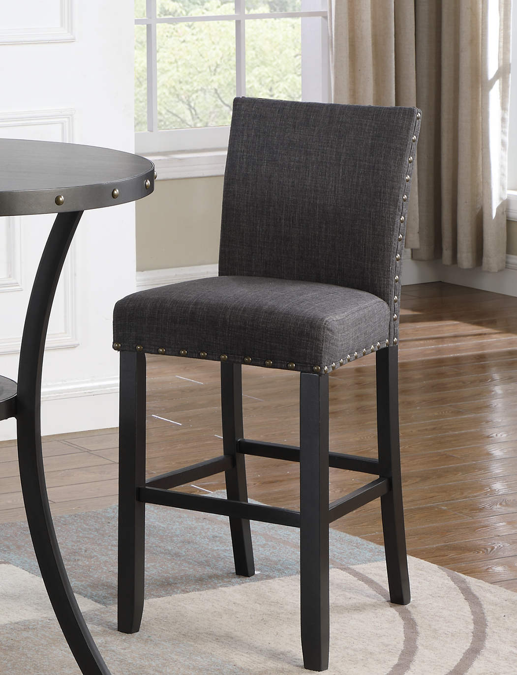 Biony Fabric Bar Stools with Nailhead Trim, Set of 2, Grey