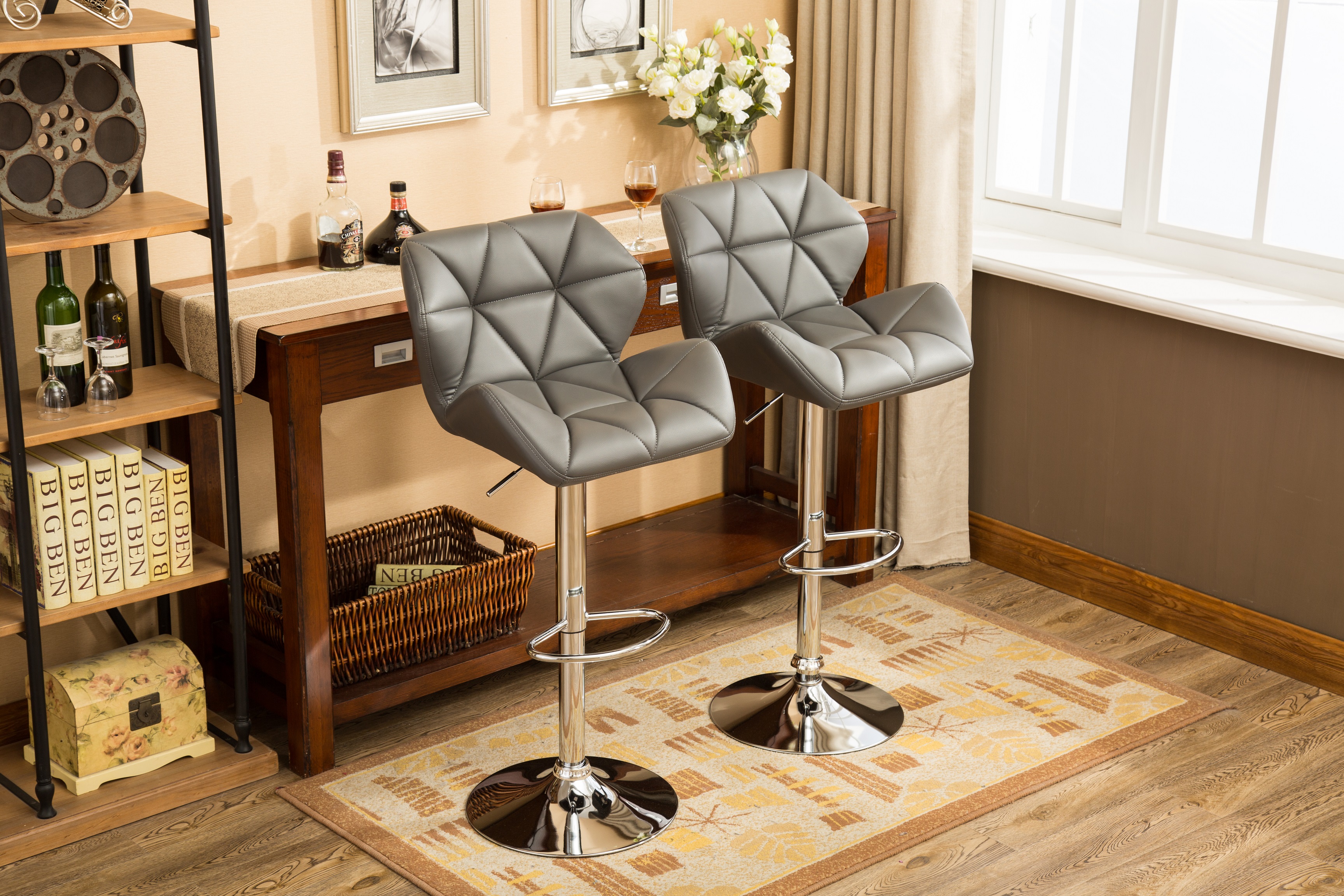 Glasgow Contemporary Tufted Adjustable Height Hidraulic Bar Stools, Set of 2, Grey