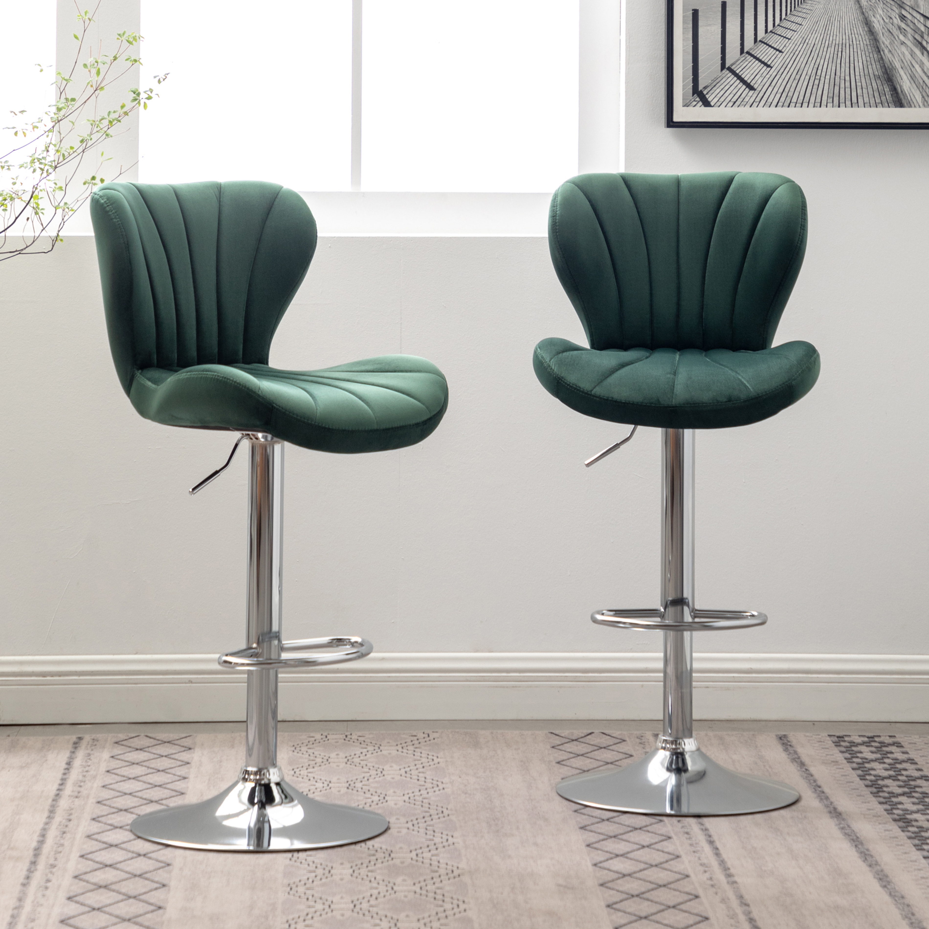 Ellston Upholstered Adjustable Swivel Barstools in Green, Set of 2