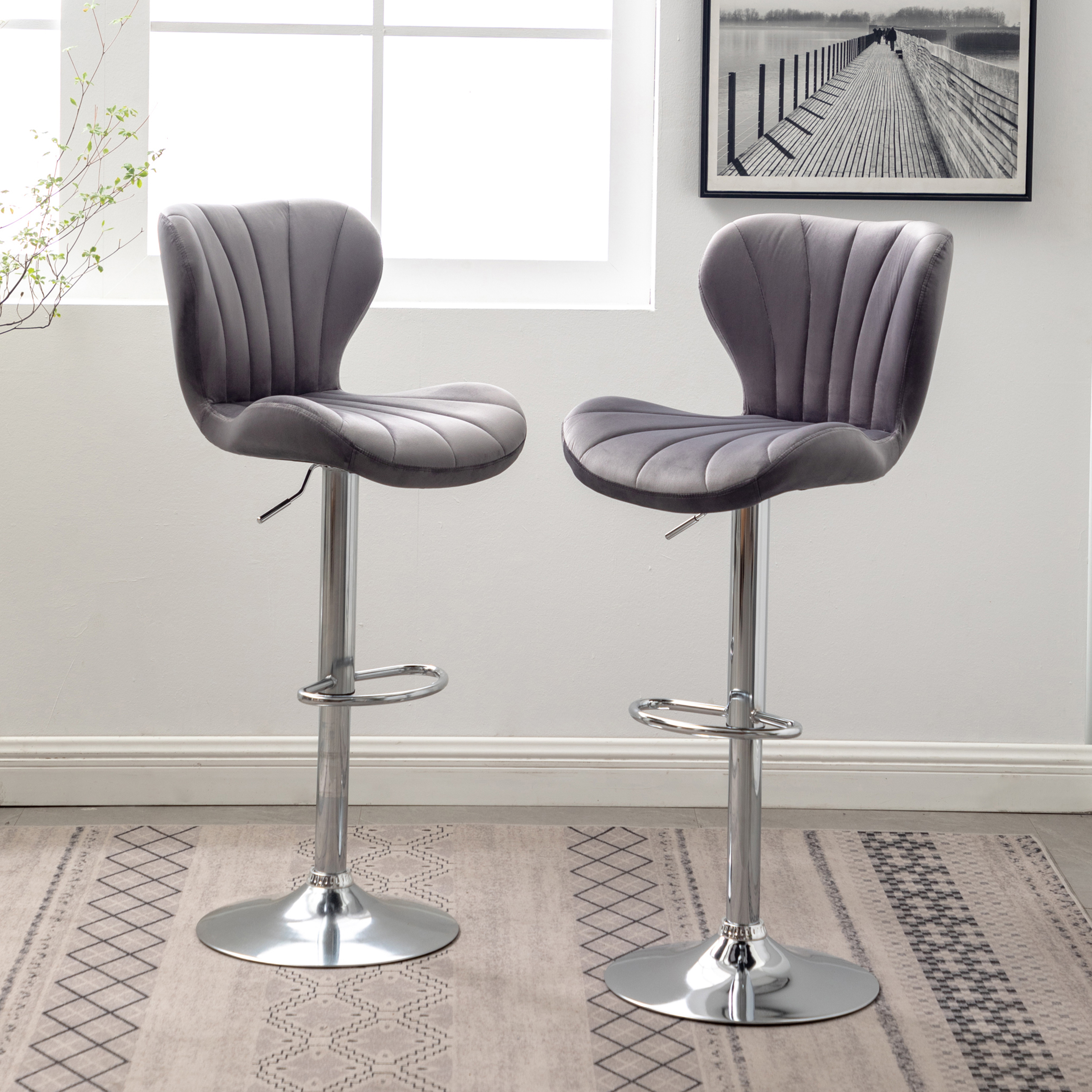 Ellston Upholstered Adjustable Swivel Barstools in Gray, Set of 2