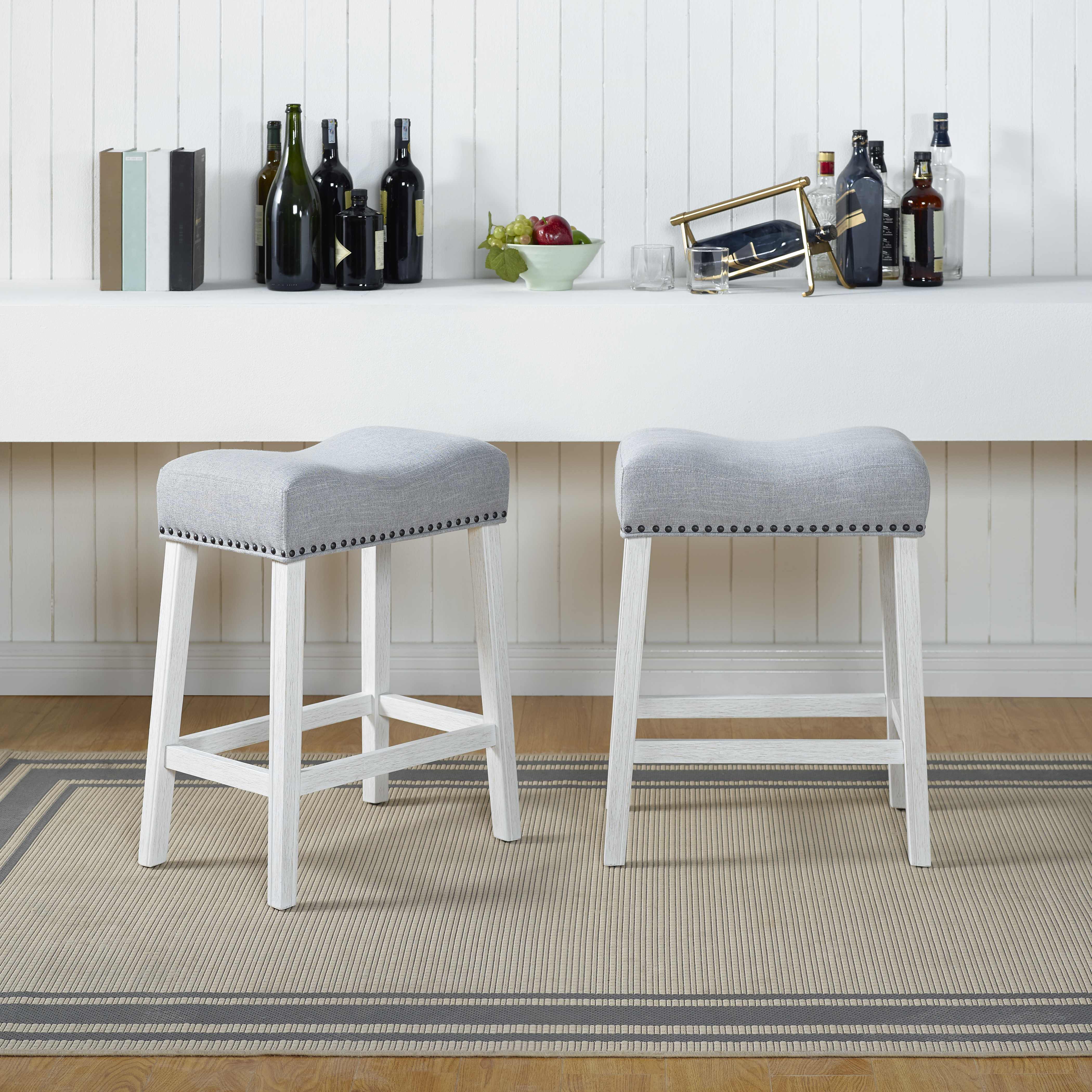 CoCo Upholstered Counter Height Stools - Saddle Seat, White-Washed Finish, Gray Fabric, Set of 2