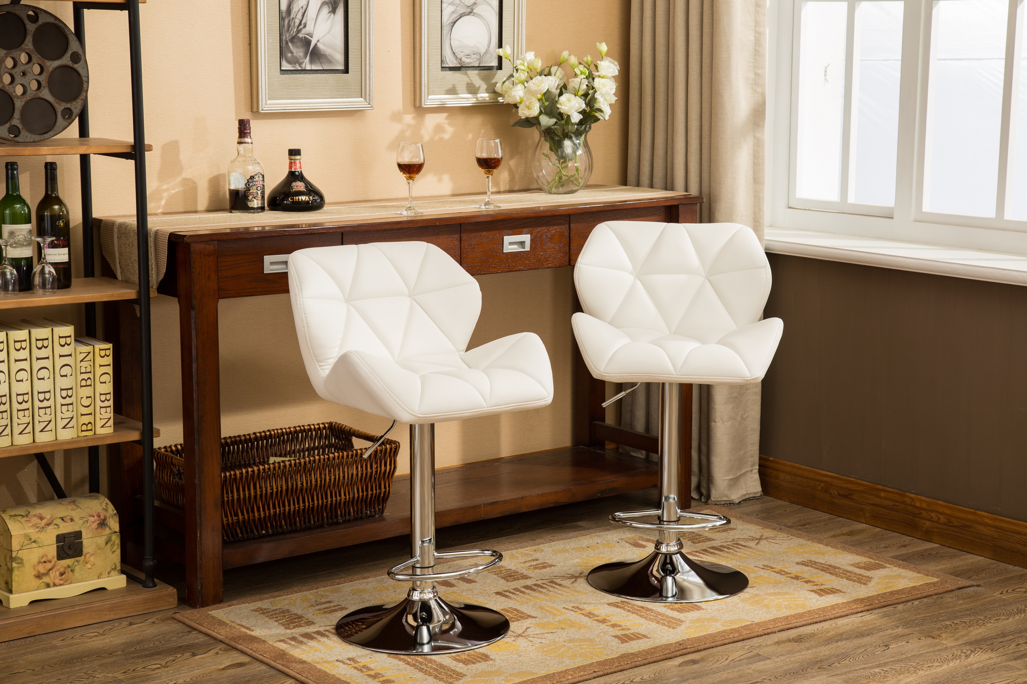 Glasgow Contemporary Tufted Adjustable Height Hidraulic Bar Stools, Set of 2, White