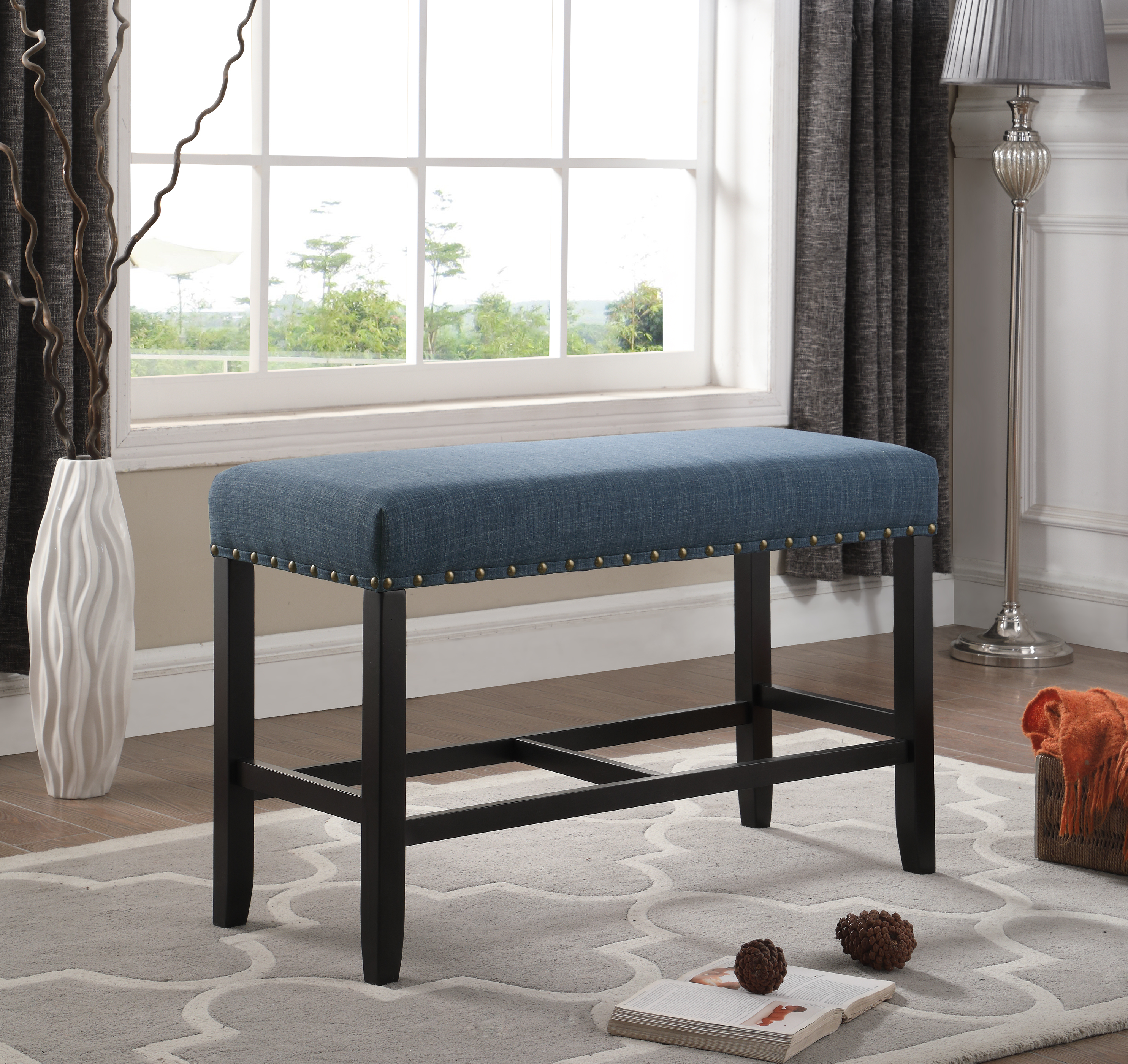 Biony Fabric Counter Height Dining Bench with Nailhead Trim, Blue