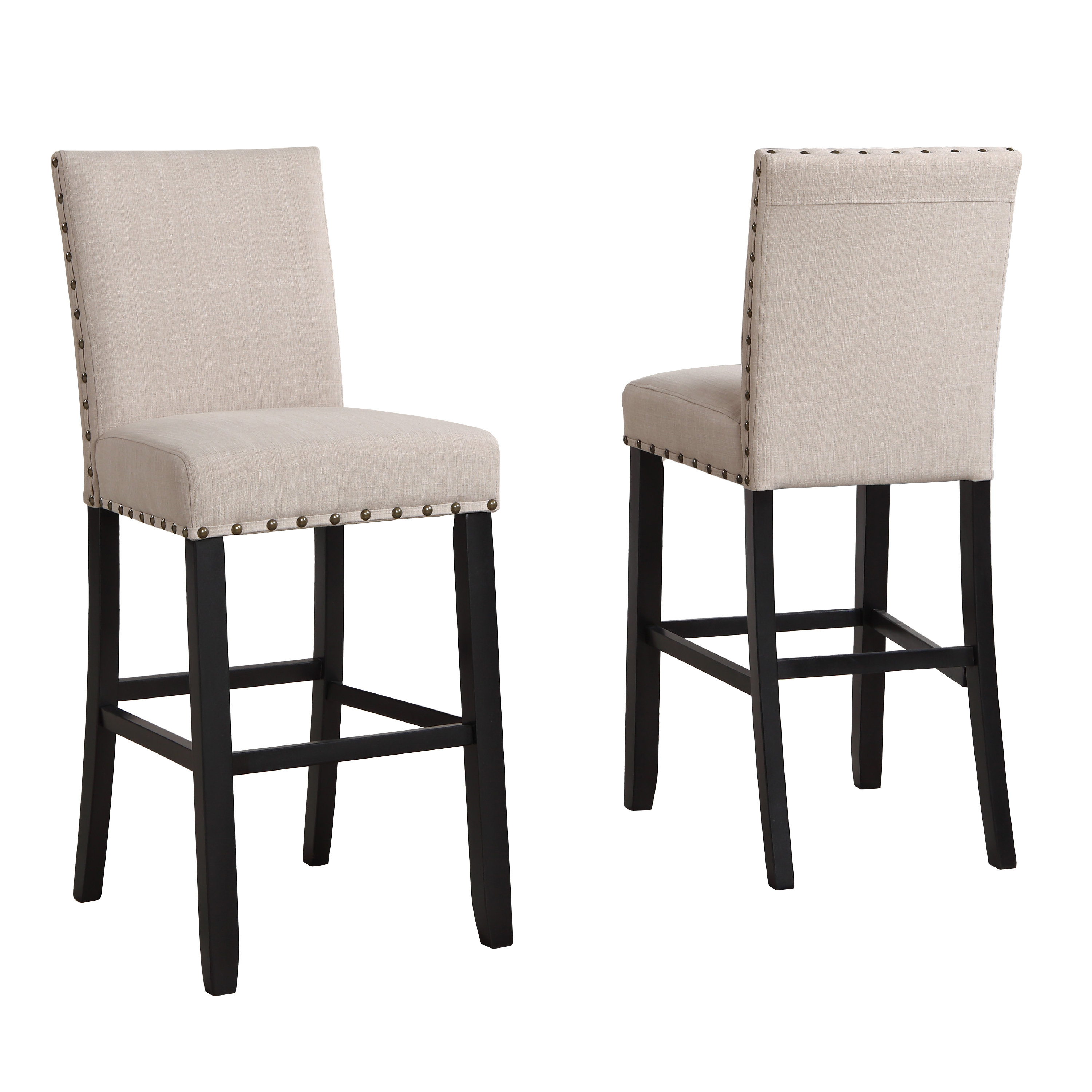 Biony Fabric Bar Stools with Nailhead Trim, Set of 2, Tan