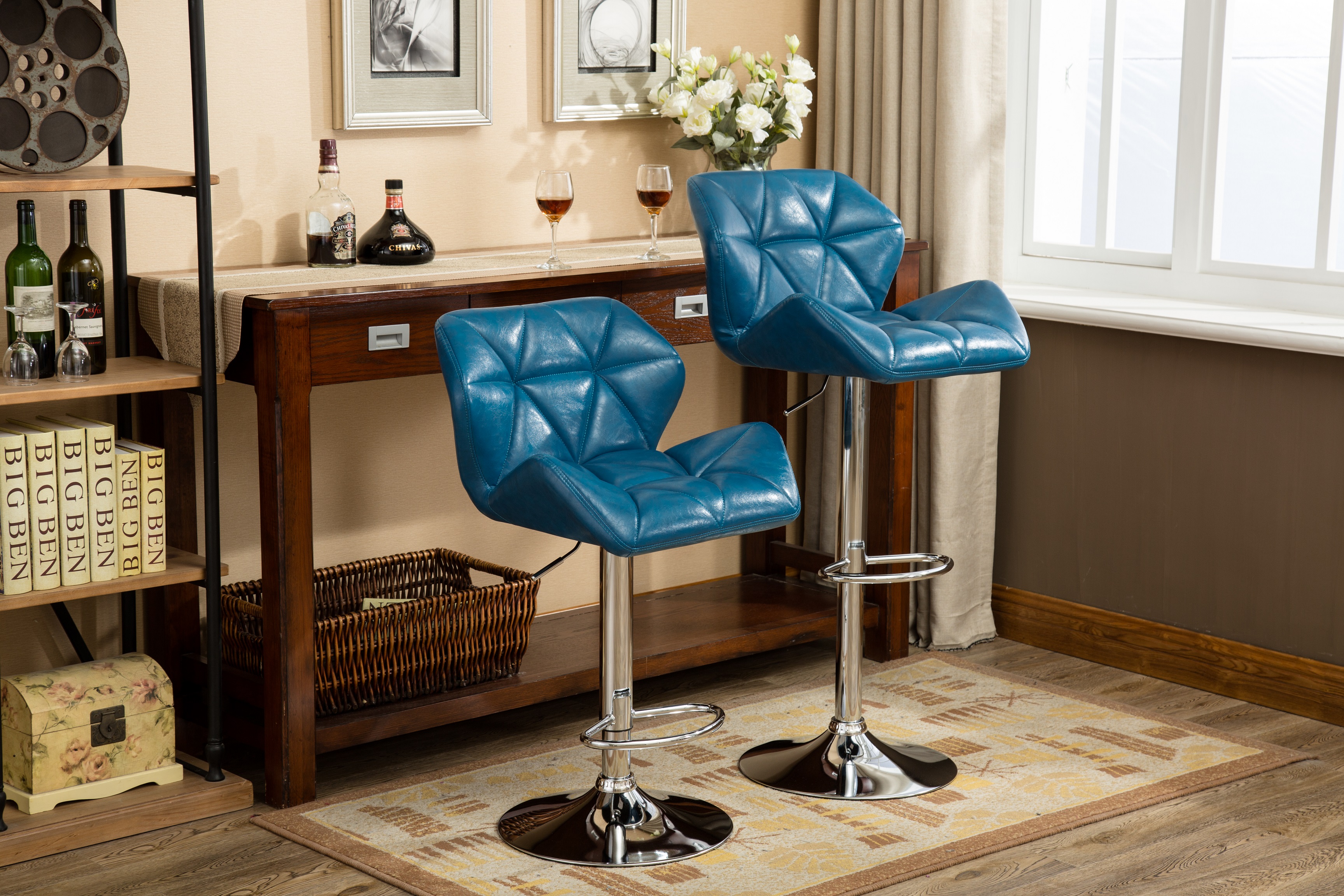 Glasgow Contemporary Tufted Adjustable Height Hidraulic Bar Stools, Set of 2, Blue