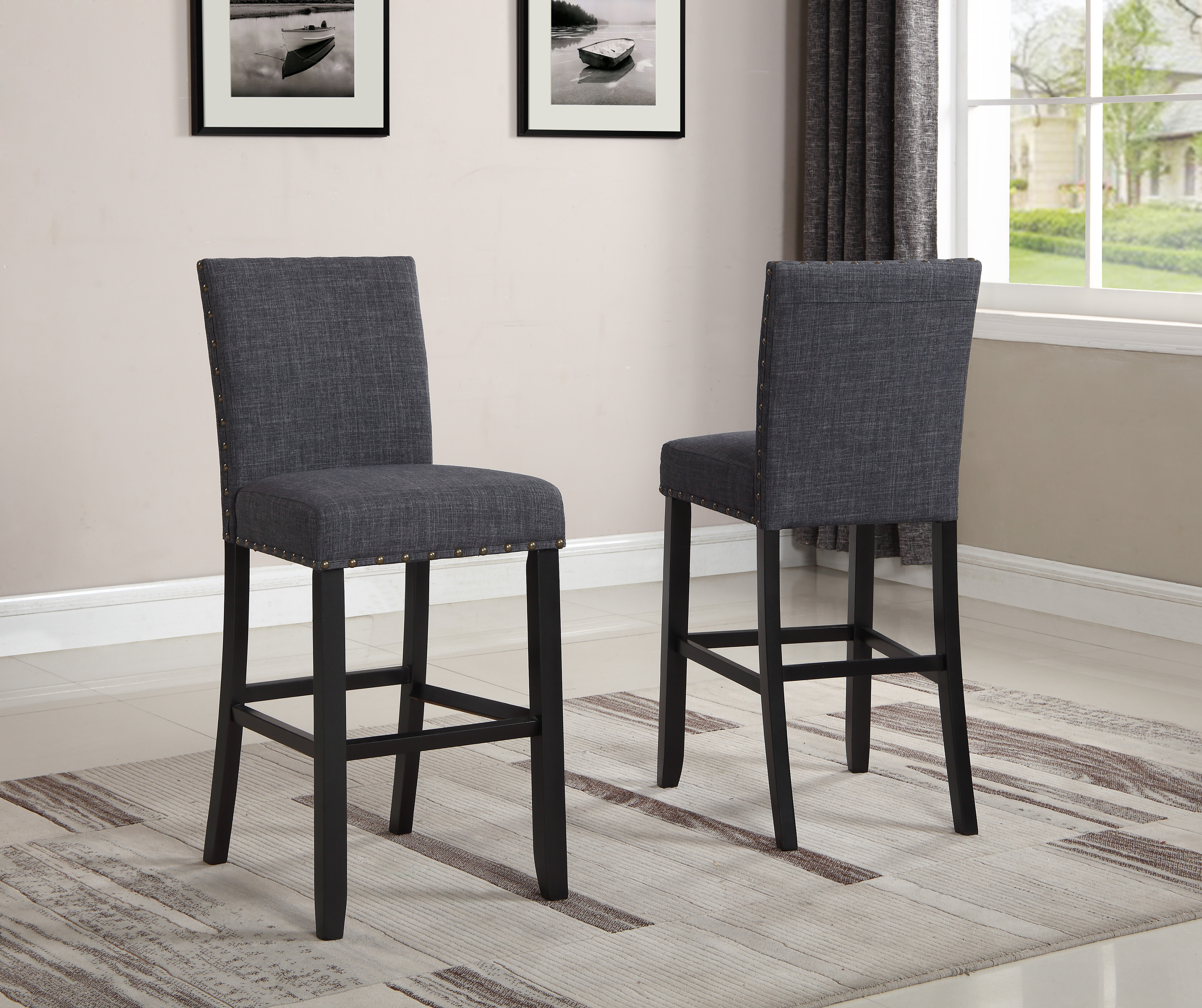 Biony Fabric Bar Stools with Nailhead Trim, Set of 2, Grey