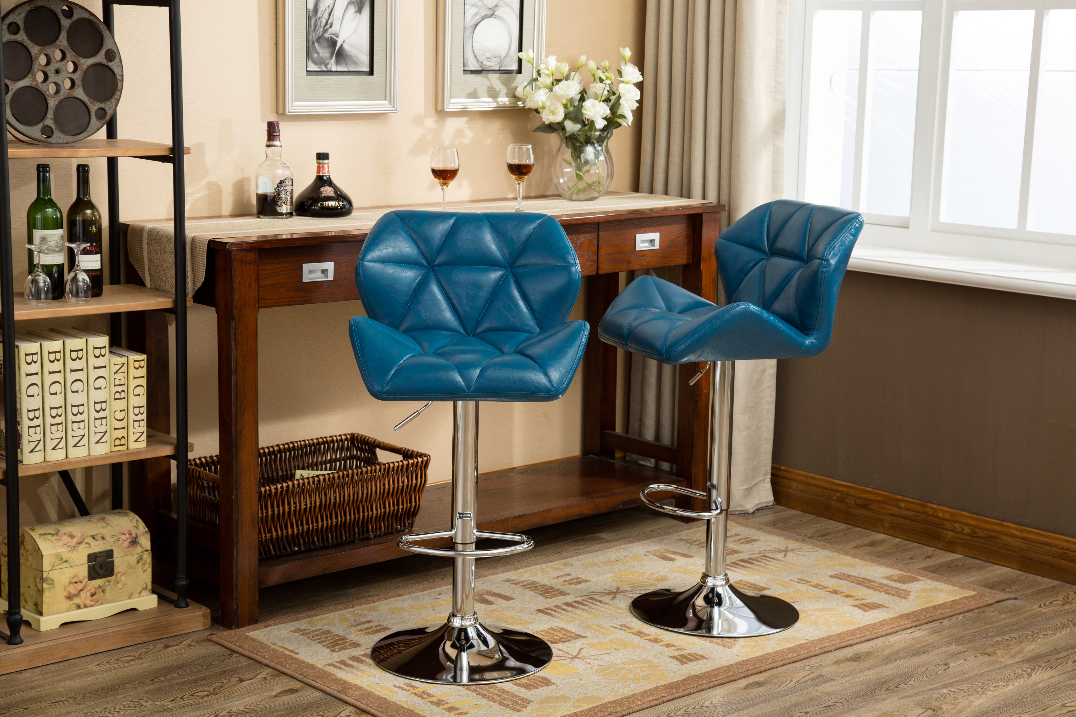 Glasgow Contemporary Tufted Adjustable Height Hidraulic Bar Stools, Set of 2, Blue