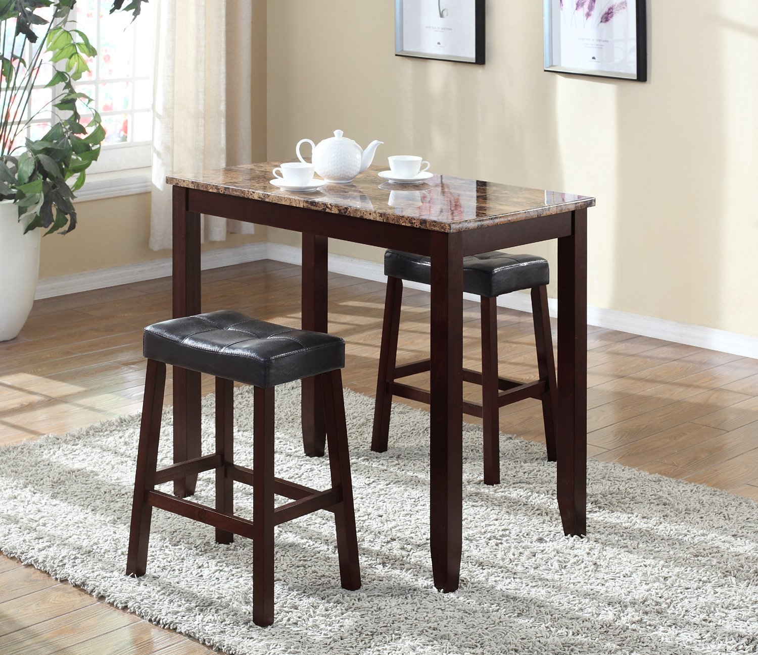 3-Piece Counter Height Glossy Print Marble Breakfast Table with Stools, Espresso