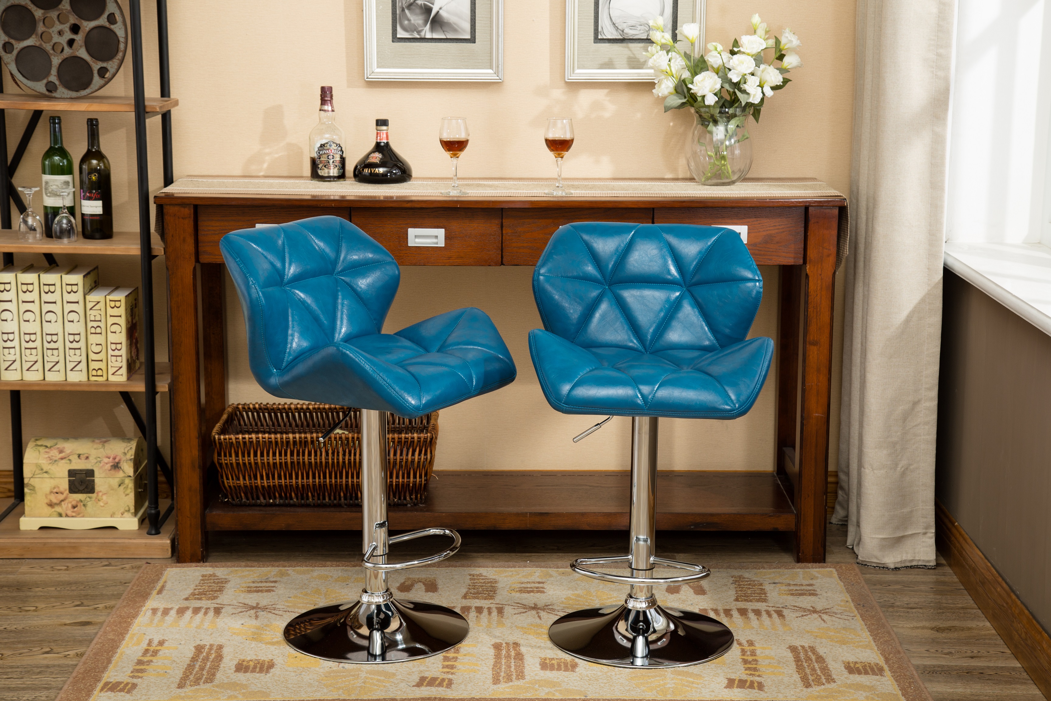 Glasgow Contemporary Tufted Adjustable Height Hidraulic Bar Stools, Set of 2, Blue