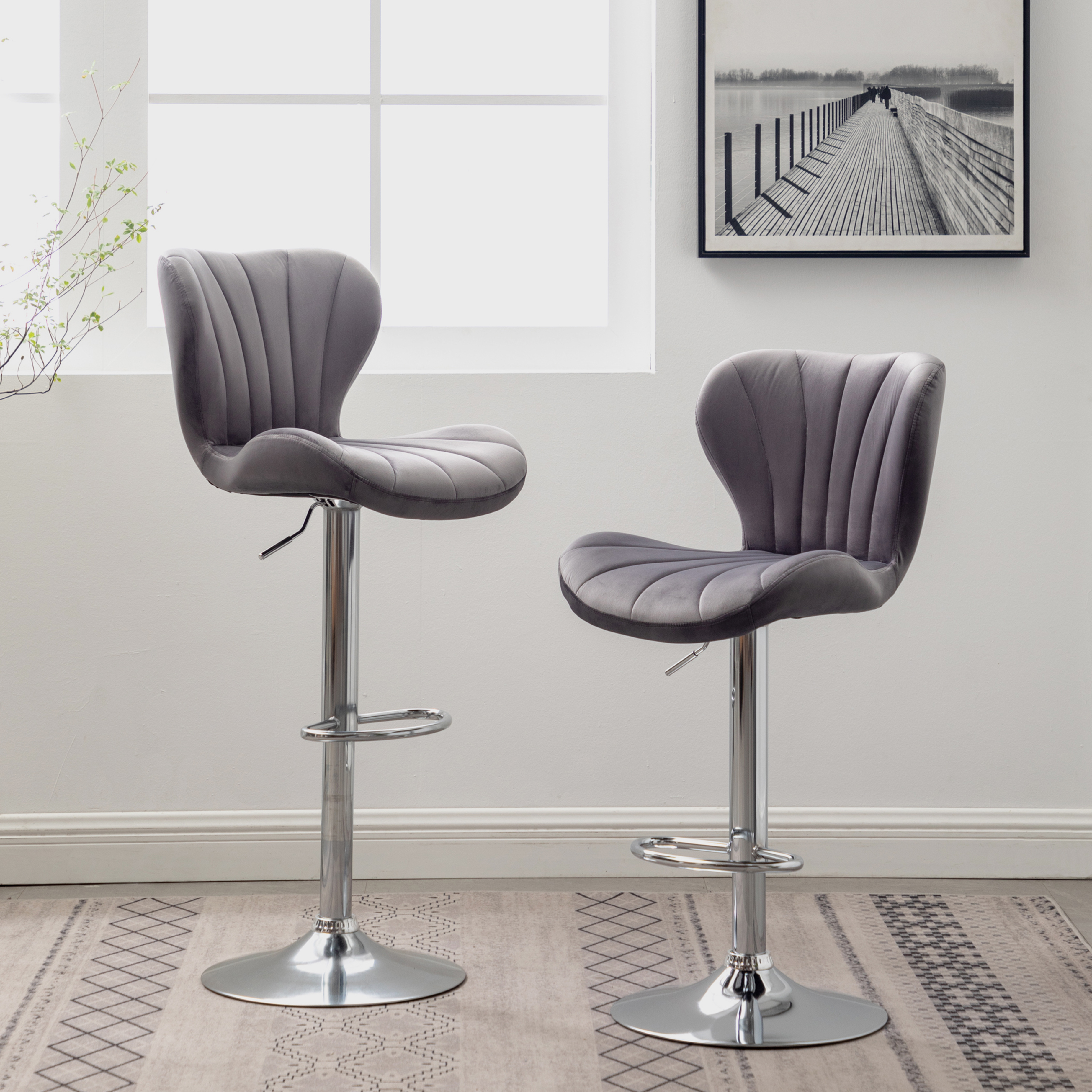 Ellston Upholstered Adjustable Swivel Barstools in Gray, Set of 2